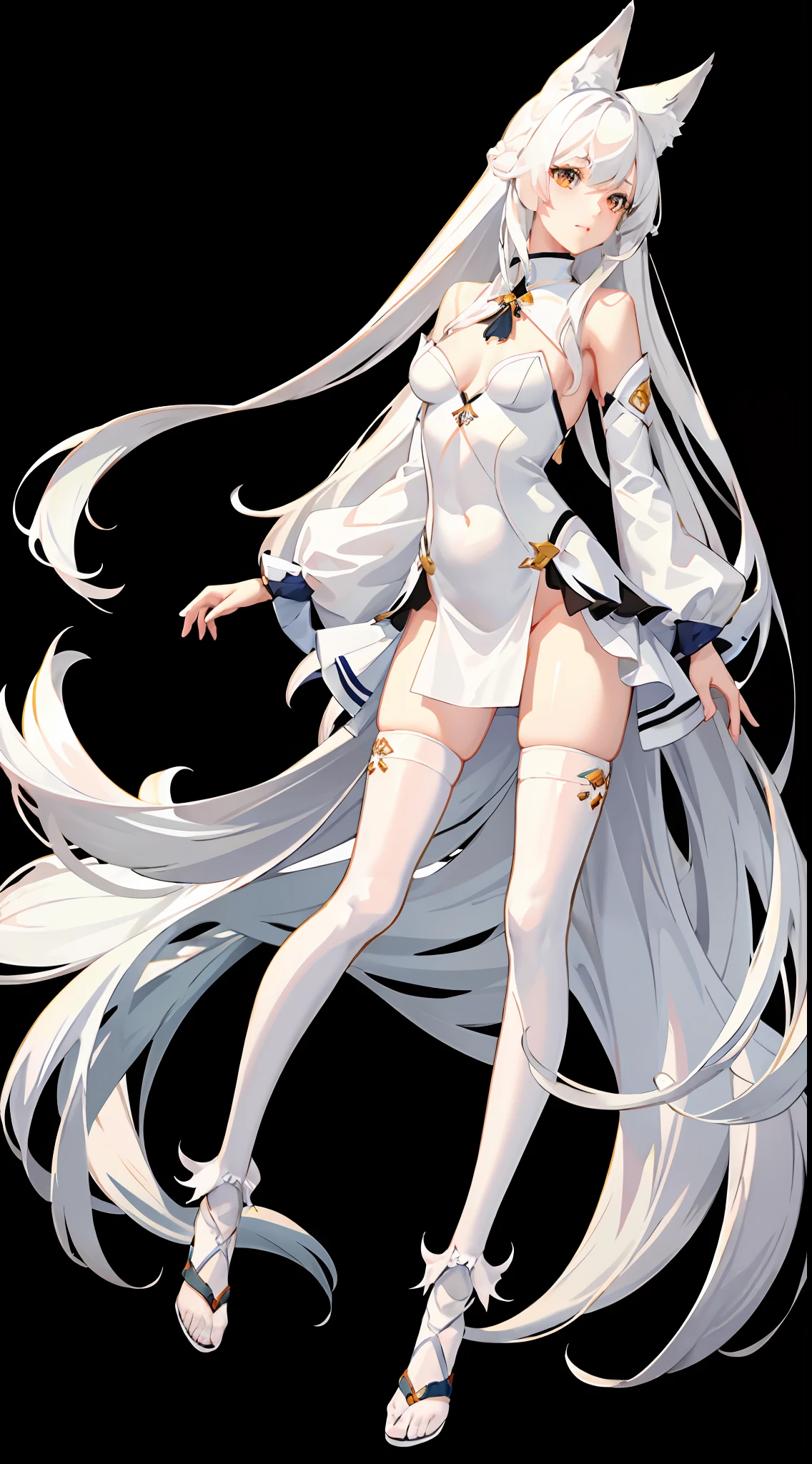1girll, Full body like,White hair, long whitr hair,Messy hair,Translucent clothes,NSFW,White fox ears,White fox tail,比基尼,folds,folds,folds