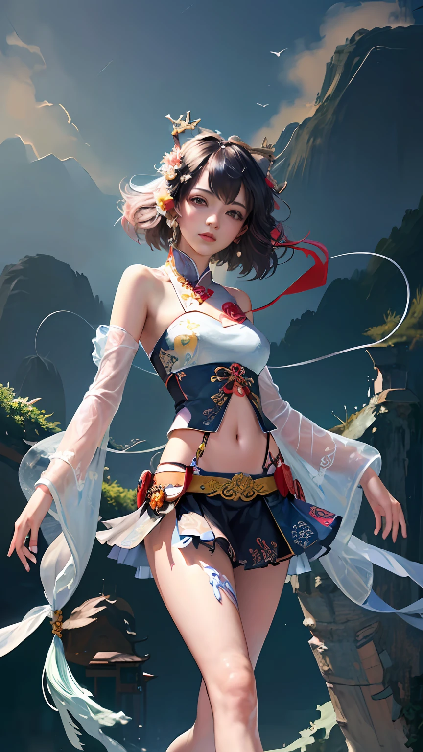 Official Art, Unified 8K Wallpapers, Ultra Detailed, Beautiful and Aesthetic, Masterpiece, Best Quality, (Zentangle, Tangle, Entangle), (fractal art: 1.4), 1girl, black hair, Chinese, bare shoulders, short skirt, calf, navel, very detailed, dynamic angle, cowboyshot, (most beautiful form chaos), flowing, (bright colors), oc, (half: 1.2), china, (thangka flying sky: 1.5), (ribbon: 1.3), (dream: 1.5), (hanfu: 1.5), Chinese dragon, Chinese phoenix, (smile: 0.5), (Chinese deity),