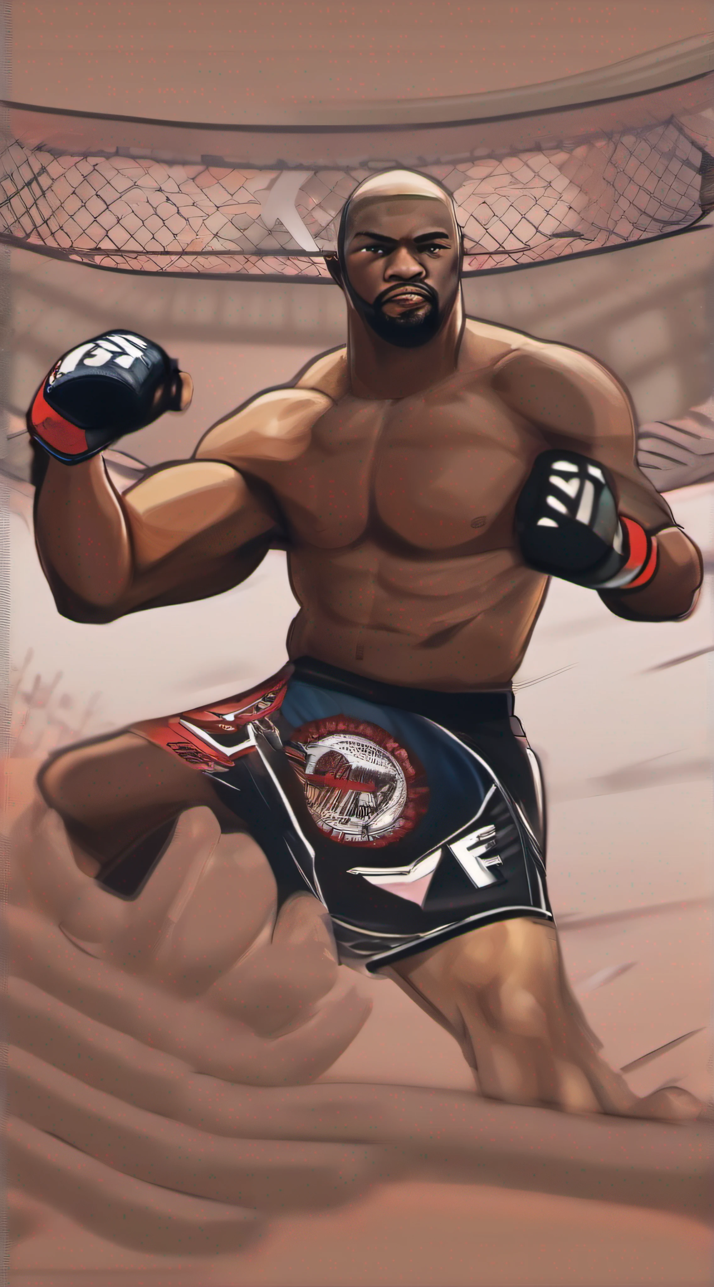Crie o Jon Jones do UFC , com olhar fixo , with hands and eyes without deformities , com corpo definido , Standard scenario , with adequate resolution and lighting , com obra prima