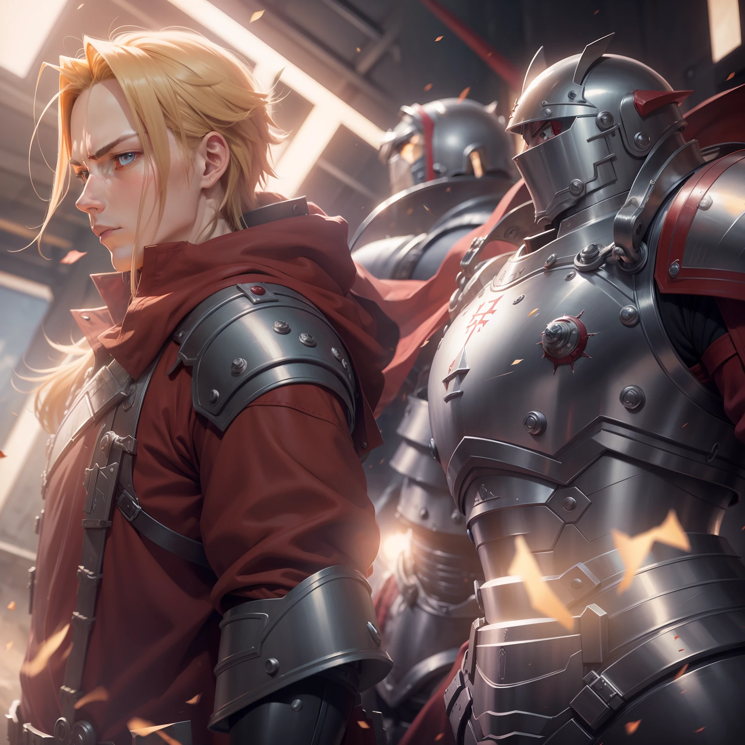 "A masterpiece in detailed and animated 8k realism of the characters Edward Elric with a metal arm and leg and Alphonse Elric a large thick armor with battle marks of Fullmetal Alchemist by Hiromu Arakawa."
