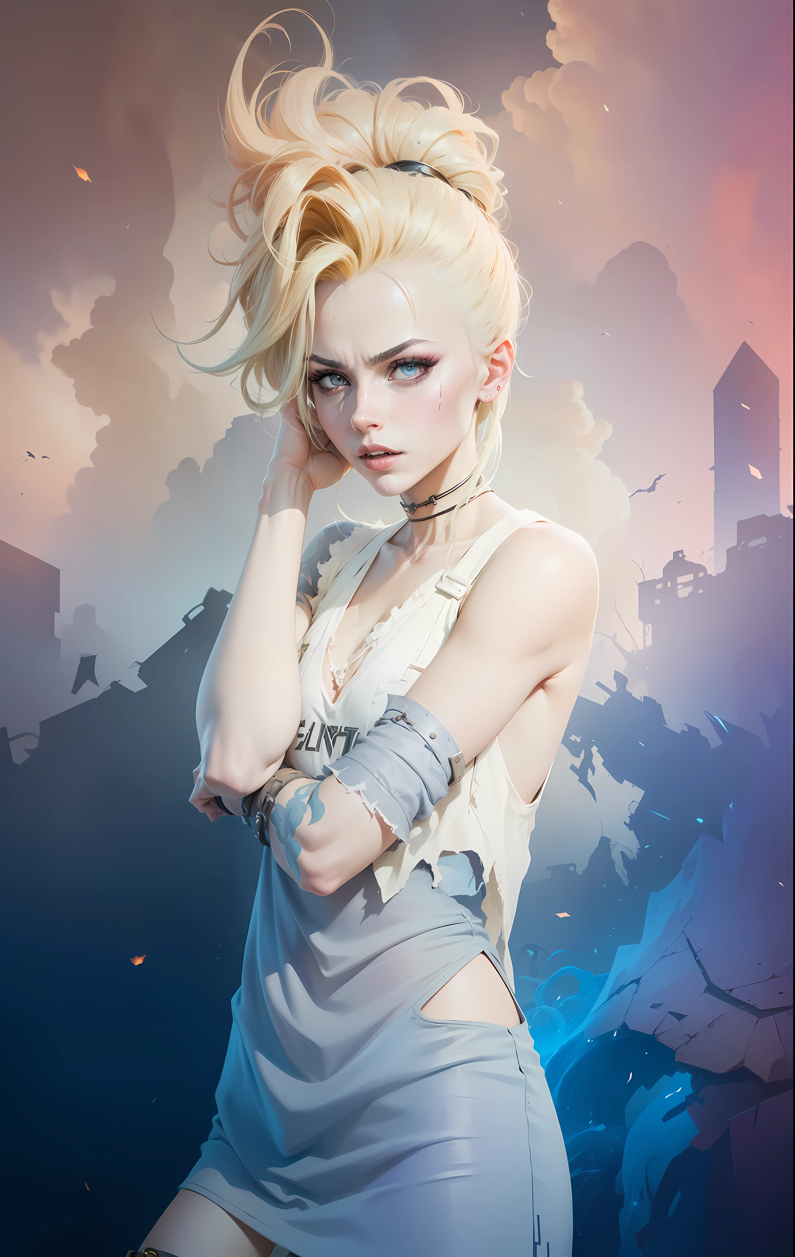 ((Best quality)), ((masterpiece)), (highly detailed:1.3), 3D, arcane style,In the dark and courageous dystopian city of Piltover, plagued by violence and divided into two opposing factions, a young prodigy named Jinx emerges. Having endured unimaginable loss and abandonment, she embraced a life of chaos and destruction. Known for her inventive and explosive abilities, Jinx becomes an icon of rebellion against the oppressive forces that control the city. However, haunted by guilt and battling inner demons, she must confront her past and decide whether to continue on the path of anarchy or seek redemption amid the turmoil. Explore Jinx's journey as she navigates a treacherous world, fighting for survival, unlocking secrets, and discovering the true meaning of her twisted existence, chaos reigns supreme, and at the center of it all is Jinx, the embodiment of unpredictability. Delve deep into Jinx's twisted mind, exploring the origins of his madness and the driving force behind his destructive nature. Unravel the moments that shaped her into the crazed, iconic character we know. Take us on a wild journey through the vibrant streets of Piltover and the shadowy suburb of Zaun as Jinx wreaks havoc with his explosive arsenal. Can redemption find its way into Jinx's fractured soul? Or will she dance forever on the edge of sanity, embracing the chaos that fuels her very existence? Arcane's fate hangs in the balance as Jinx's path intertwines with unlikely allies and formidable enemies. Ignite your imagination and paint a vivid portrait of Jinx's distorted psyche, capturing the essence of her madness and the indomitable spirit that defines it, HDR (High Dynamic Range), Ray Tracing, NVIDIA RTX, Super-Resolution, Unreal 5, Subsurface Scattering, PBR Texturing, Post-processing, Anisotropic Filtering, Depth of Field, Maximum Clarity and Sharpness, Multit Textures