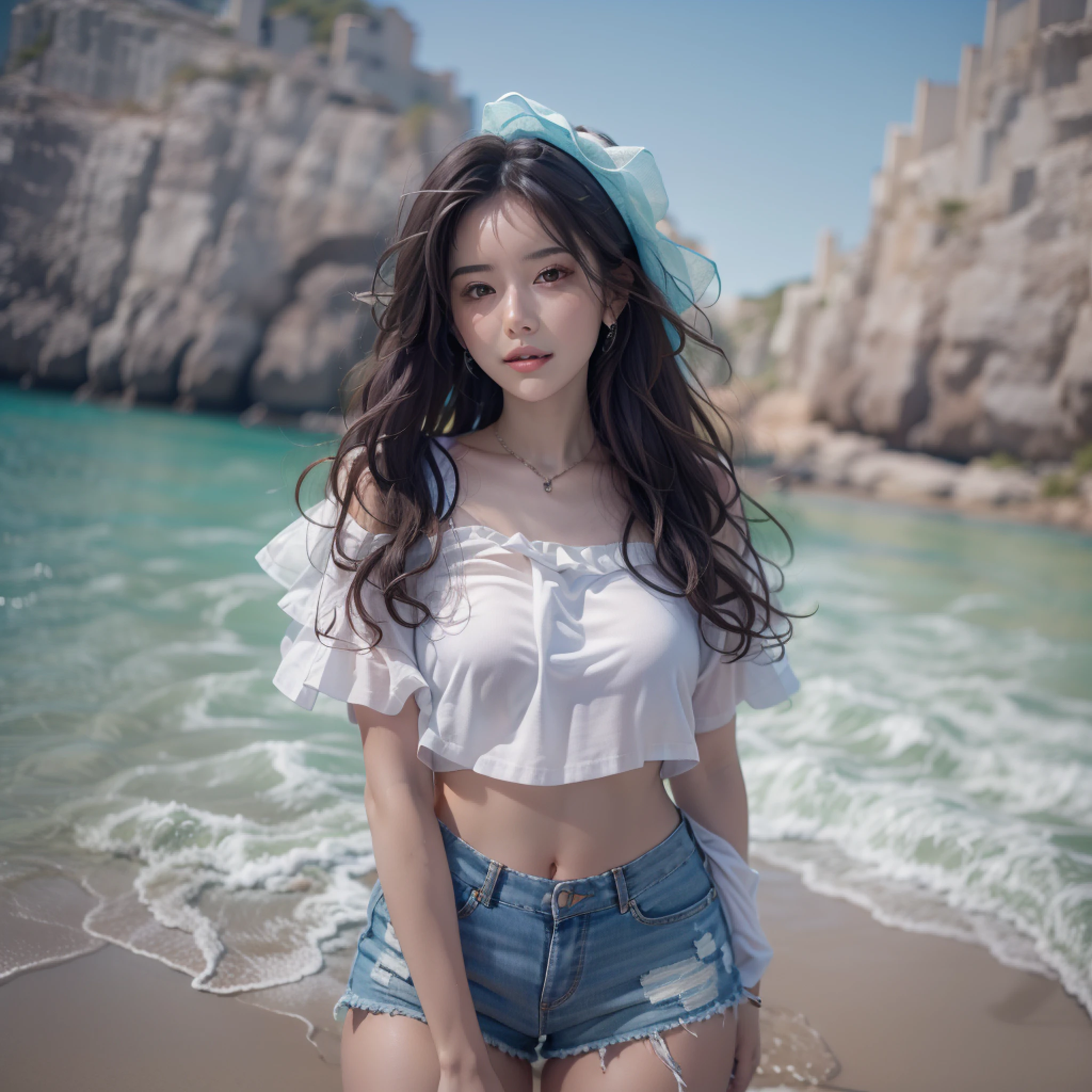 Nikon RAW photos，8K quality，Fujifilm XT3，tmasterpiece，best qualtiy，realisticlying，ultra - detailed，1 girl，独奏，closeup portrait，Gilet blanc，Leakage out of the navel，huge breasts1.2，Ultra shorts，cabelos preto e longos，The sea breeze ruffles the hair，Decouple your hair with your hands，ssmile，Blue sky and sea，Slight waves