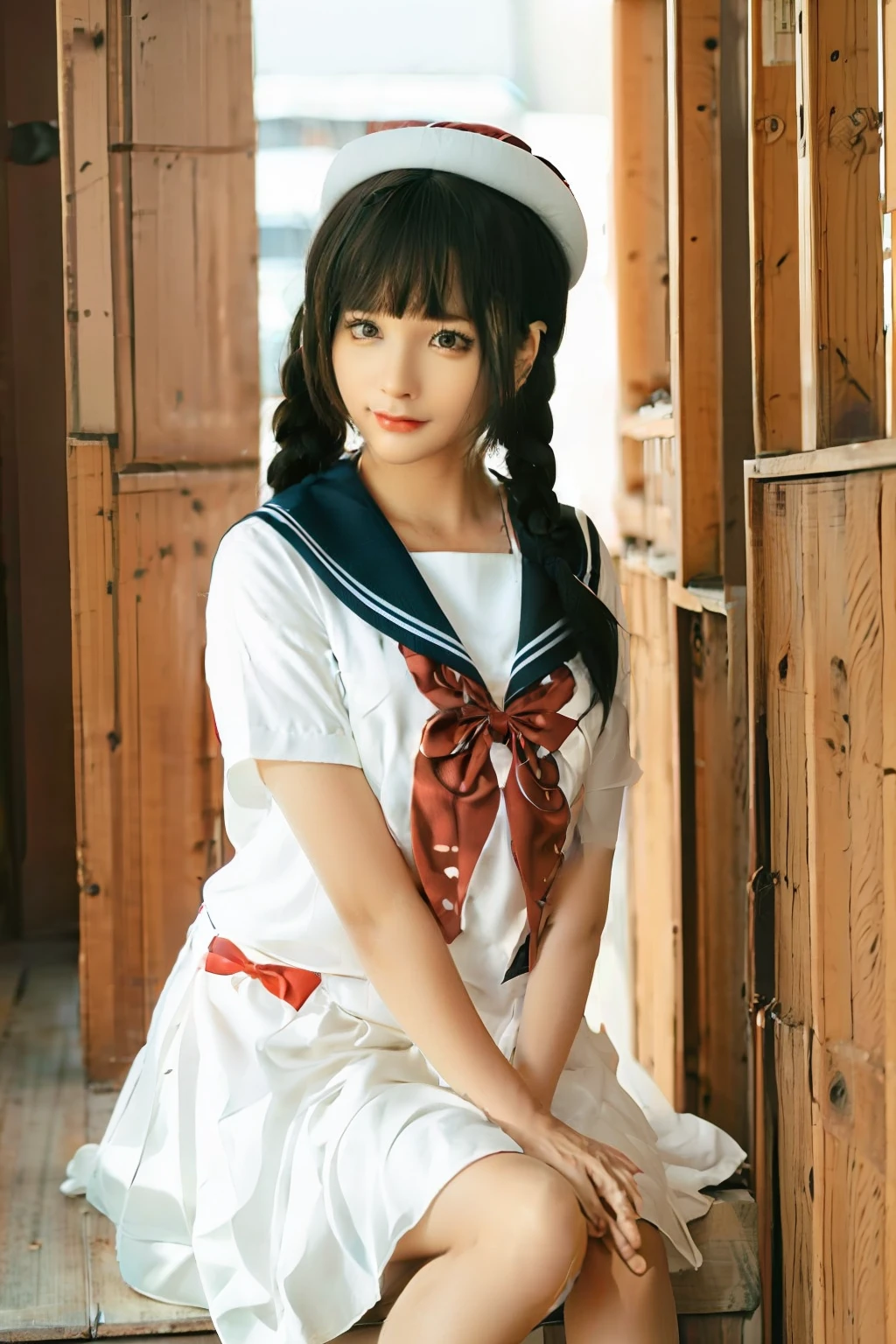 1girl, black_hair, braid, brown_eyes, looking_at_viewer, neckerchief, sailor_collar, outdoors, lips, long_hair, photorealistic, realistic, black_serafuku, smile, solo, school_uniform, socks, cowboy_shot, day, own_hands_clasped, own_hands_together,