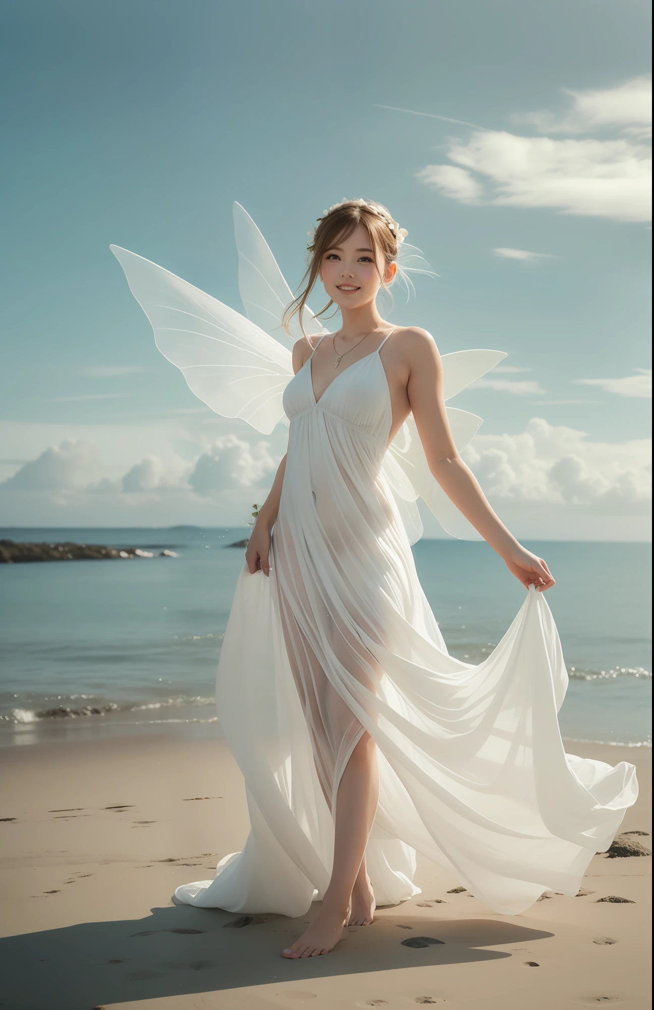 being thin、Photo of gorgeous 20-year-old Icelandic fairy wearing (White flowing dress:1.2) And (Delicate fairy wings:1.2), Grinning, (looking in camera:1.1), (Sateen:1.1), On the beautiful seaside:,, masutepiece, Barefoot, (Natural lighting:0.8), 8K, ((Realistic)), F/1.1, , the woods、covering the navel、hiding breast、Hide legs、(Curvaceous)femele(flawless skin:1.11)And(teats:1.1)、A smile、full body Esbian、Beautiful standing figure、Sea Fairy、Beautiful summer sky、Beautiful white shells、Upper body close-up