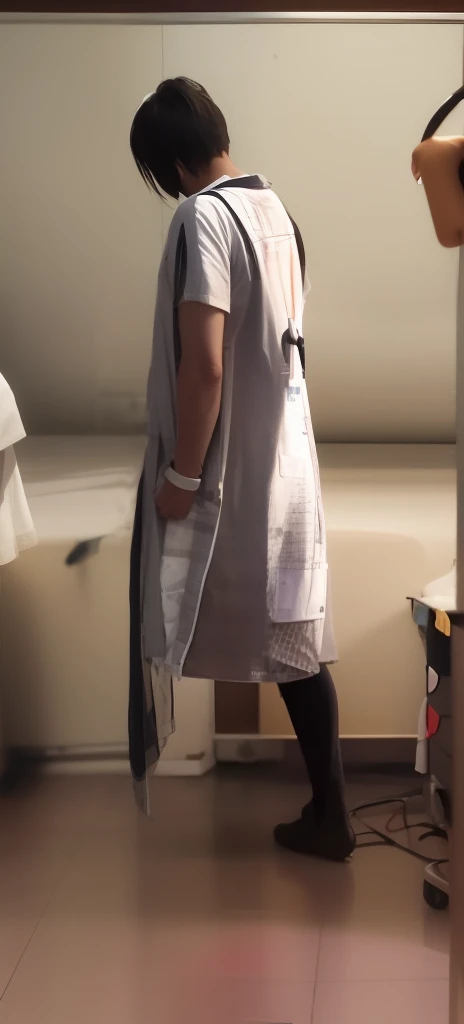 mejor calidad, obra maestra, (realista: 1.2), 1 hombre, Eren Jaeger, vida real, live-action, cabello suelto, Cabello largo, Chad, muleta, Amputado, encorvamiento, sin la pierna izquierda, caminando, bata gris, ropa de hospital