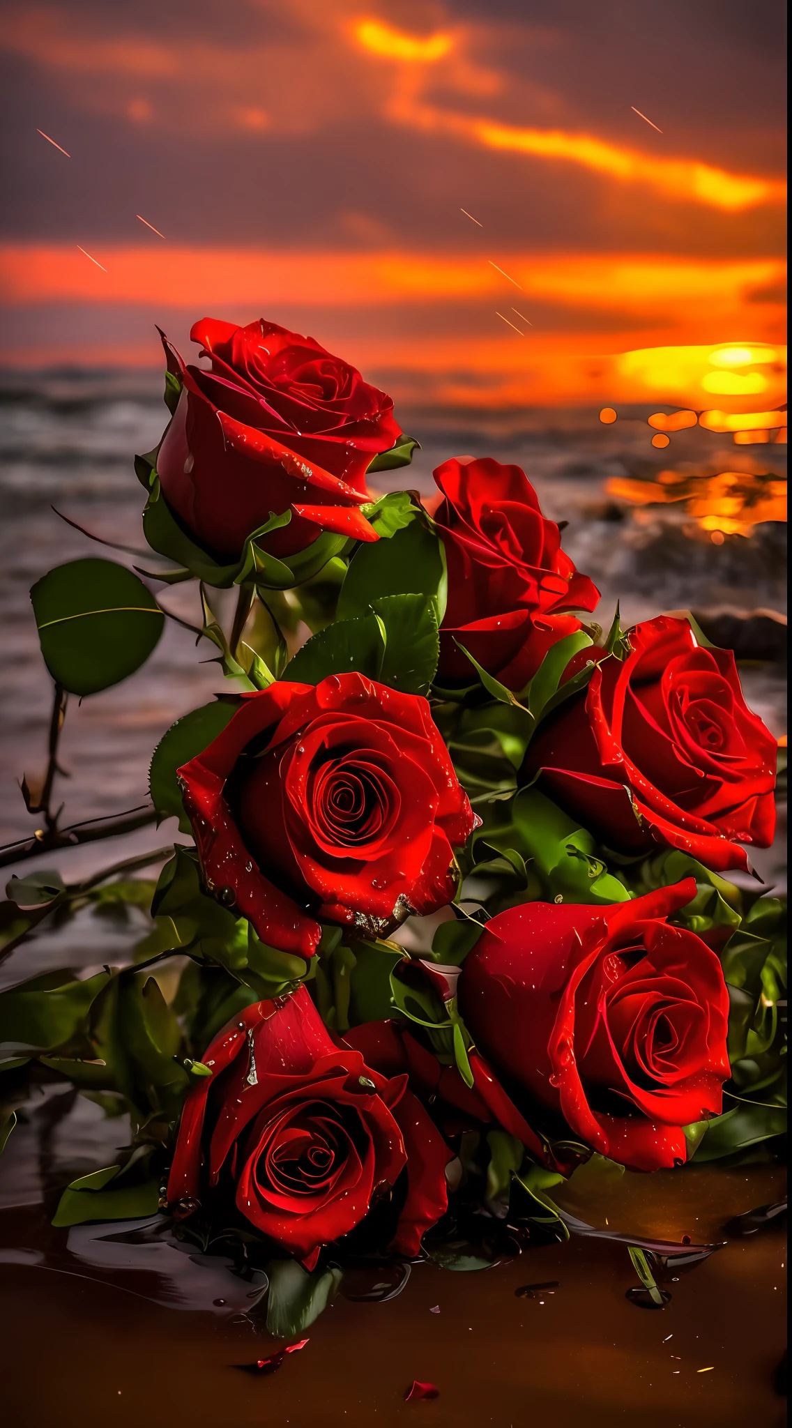 Roses in the rain at sunset on the beach, roses in cinematic light, gorgeous romantic sunset, Red roses, flowers sea rainning everywhere, Black roses, rosses, very beautiful photograph of, rosette, floral sunset, ominous beautiful mood, exploding roses, celestial red flowers vibe, Romantic!!!, dramatic backgrounds, rose background, beautiful photograph, romantic mood