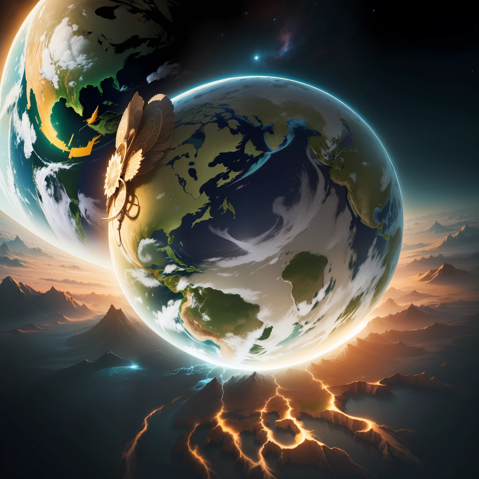 (melhor qualidade,best ilumination,beautiful and detailed illustrations,planeta terra se reinventando, in the face of climate change)