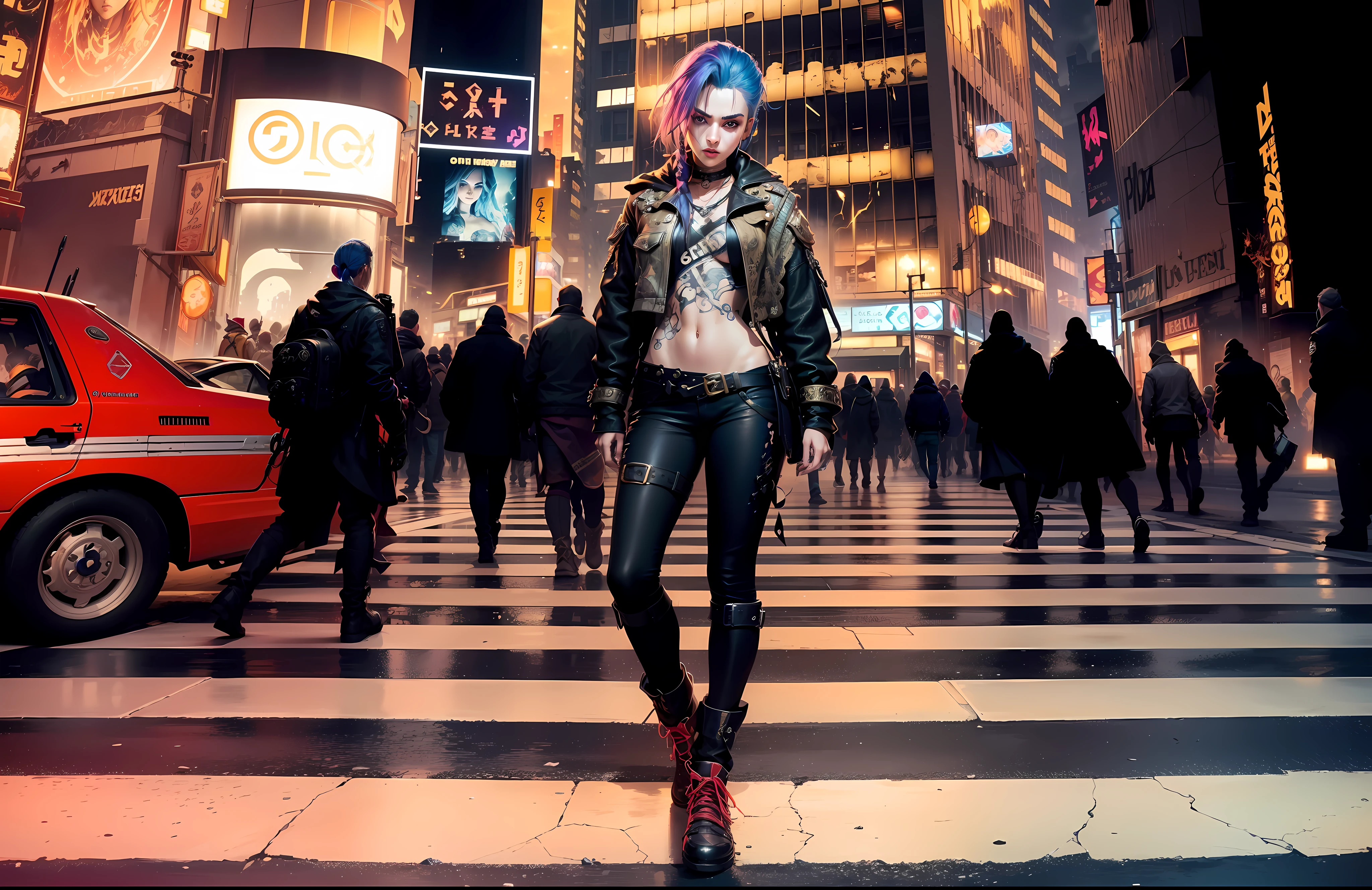 ((Best quality)), ((masterpiece)), (highly detailed:1.3), 3D, arcane style,In the dark and courageous dystopian city of Piltover, plagued by ???????? and divided into two opposing factions, a young prodigy named Jinx emerges. Having endured unimaginable loss and abandonment, she embraced a life of chaos and destruction. Known for her inventive and explosive abilities, Jinx becomes an icon of rebellion against the oppressive forces that control the city. However, haunted by guilt and battling inner demons, she must confront her past and decide whether to continue on the path of anarchy or seek redemption amid the turmoil. Explore Jinx's journey as she navigates a treacherous world, fighting for survival, unlocking secrets, and discovering the true meaning of her twisted existence, chaos reigns supreme, and at the center of it all is Jinx, the embodiment of unpredictability. Delve deep into Jinx's twisted mind, exploring the origins of his madness and the driving force behind his destructive nature. Unravel the moments that shaped her into the crazed, iconic character we know. Take us on a wild journey through the vibrant streets of Piltover and the shadowy suburb of Zaun as Jinx wreaks havoc with his explosive arsenal. Can redemption find its way into Jinx's fractured soul? Or will she dance forever on the edge of sanity, embracing the chaos that fuels her very existence? Arcane's fate hangs in the balance as Jinx's path intertwines with unlikely allies and formidable enemies. Ignite your imagination and paint a vivid portrait of Jinx's distorted psyche, capturing the essence of her madness and the indomitable spirit that defines it, HDR (High Dynamic Range), Ray Tracing, NVIDIA RTX, Super-Resolution, Unreal 5, Subsurface Scattering, PBR Texturing, Post-processing, Anisotropic Filtering, Depth of Field, Maximum Clarity and Sharpness, Multit Textures