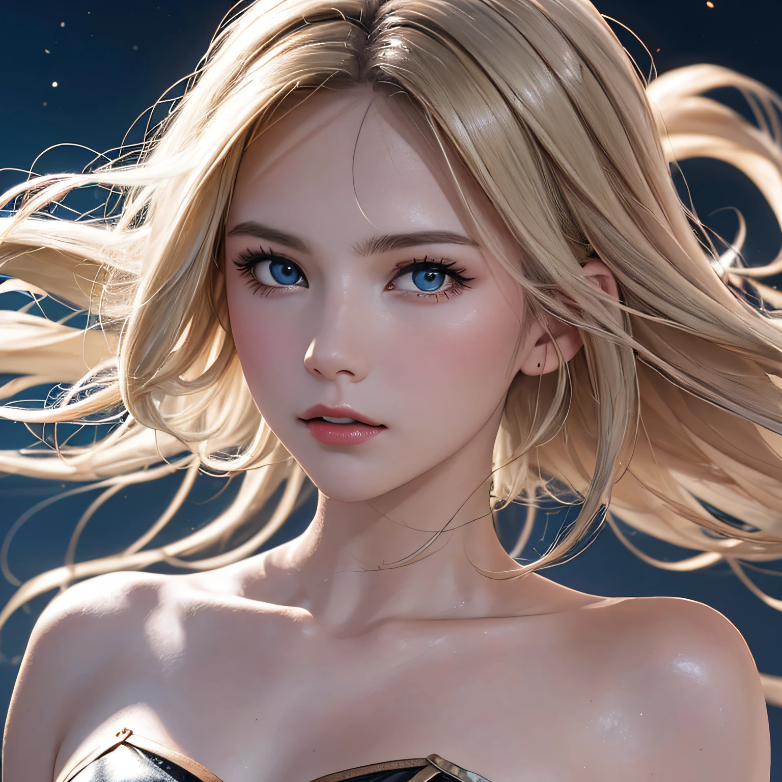 (8K, RAW Photos, of the highest quality, Masterpieces: 1.2), (Realistic, Photorealistic: 1.37), Highest Quality, Ultra High Resolution, light leaks, Dynamic lighting, Slim and smooth skin, (Full body:1.3), (Soft Saturation: 1.6), (Fair skin: 1.2), (Glossy skin: 1.1), Oiled skin, 22 years old, Night, shiny white blonde, Well-formed, Hair fluttering in the wind, Close-up shot of face only, Physically Based Rendering, From multiple angles, maikurobikini