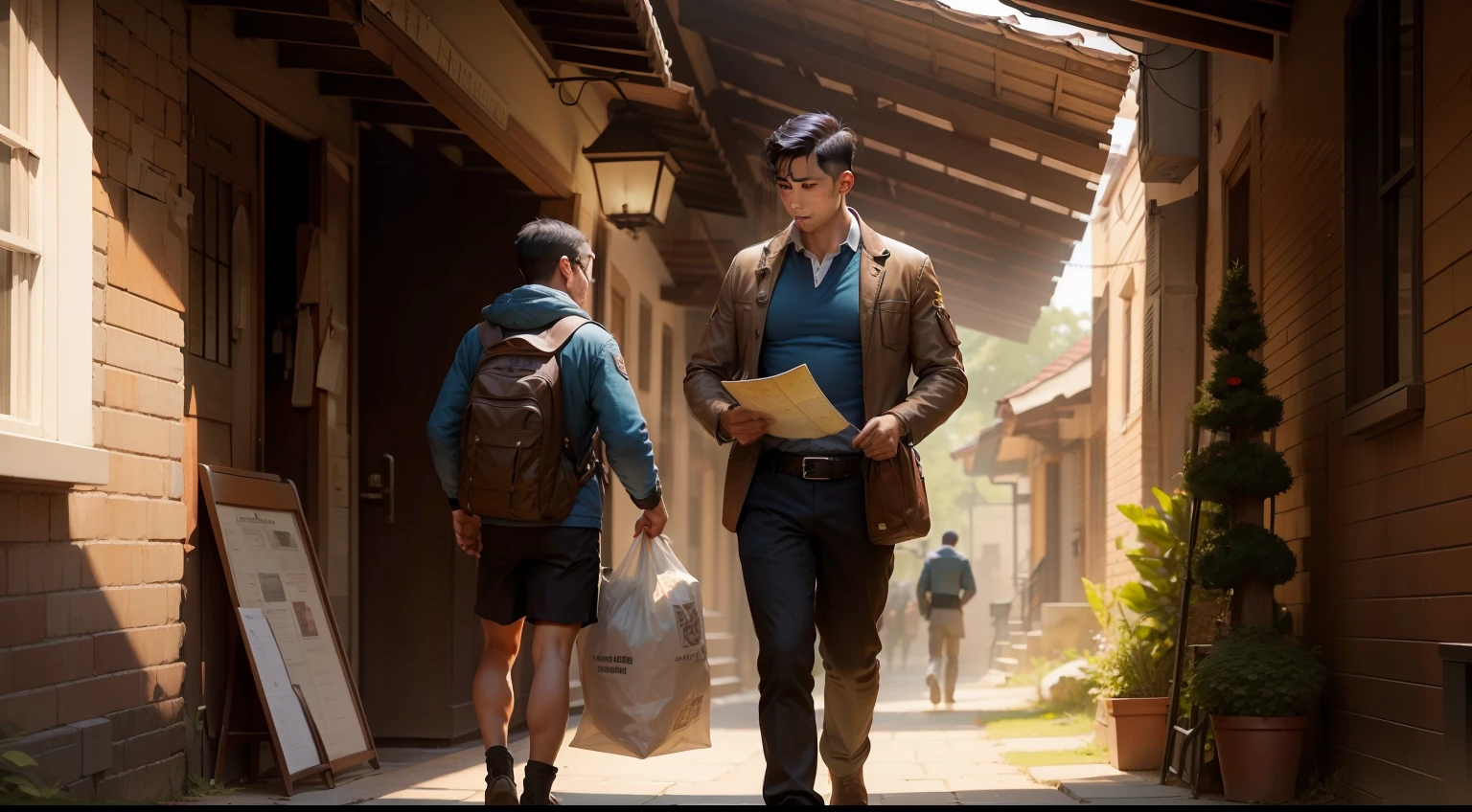 A young man receiving a bag of essentials and a map from his wise father, symbolizing the beginning of his journey in life.