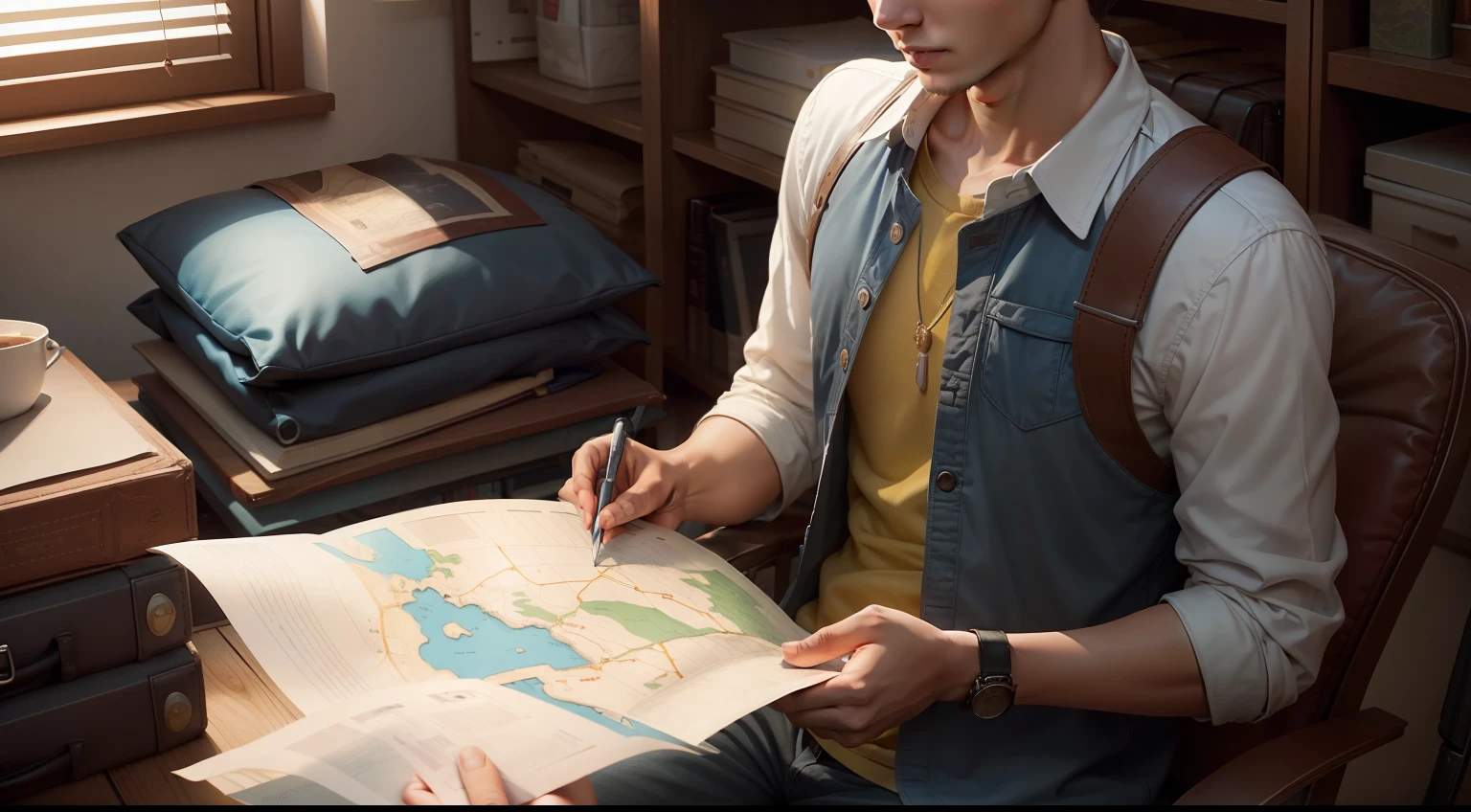 A young man receiving a bag of essentials and a map from his wise father, symbolizing the beginning of his journey in life.