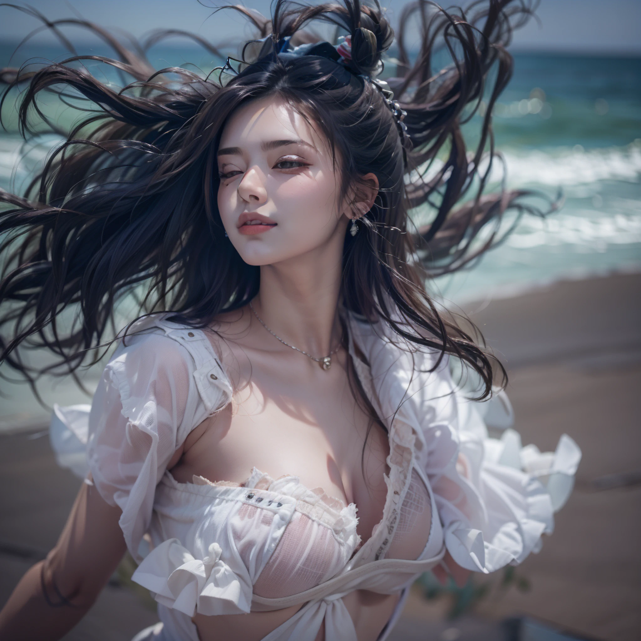 Nikon RAW photos,8K quality,Fujifilm XT3,tmasterpiece,best qualtiy,realisticlying,ultra - detailed,1 girl,独奏,closeup portrait,Gilet blanc,Leakage out of the navel,huge breasts1.2,Ultra shorts,cabelos preto e longos,The sea breeze ruffles the hair,Decouple your hair with your hands,ssmile,Blue sky and sea,Slight waves