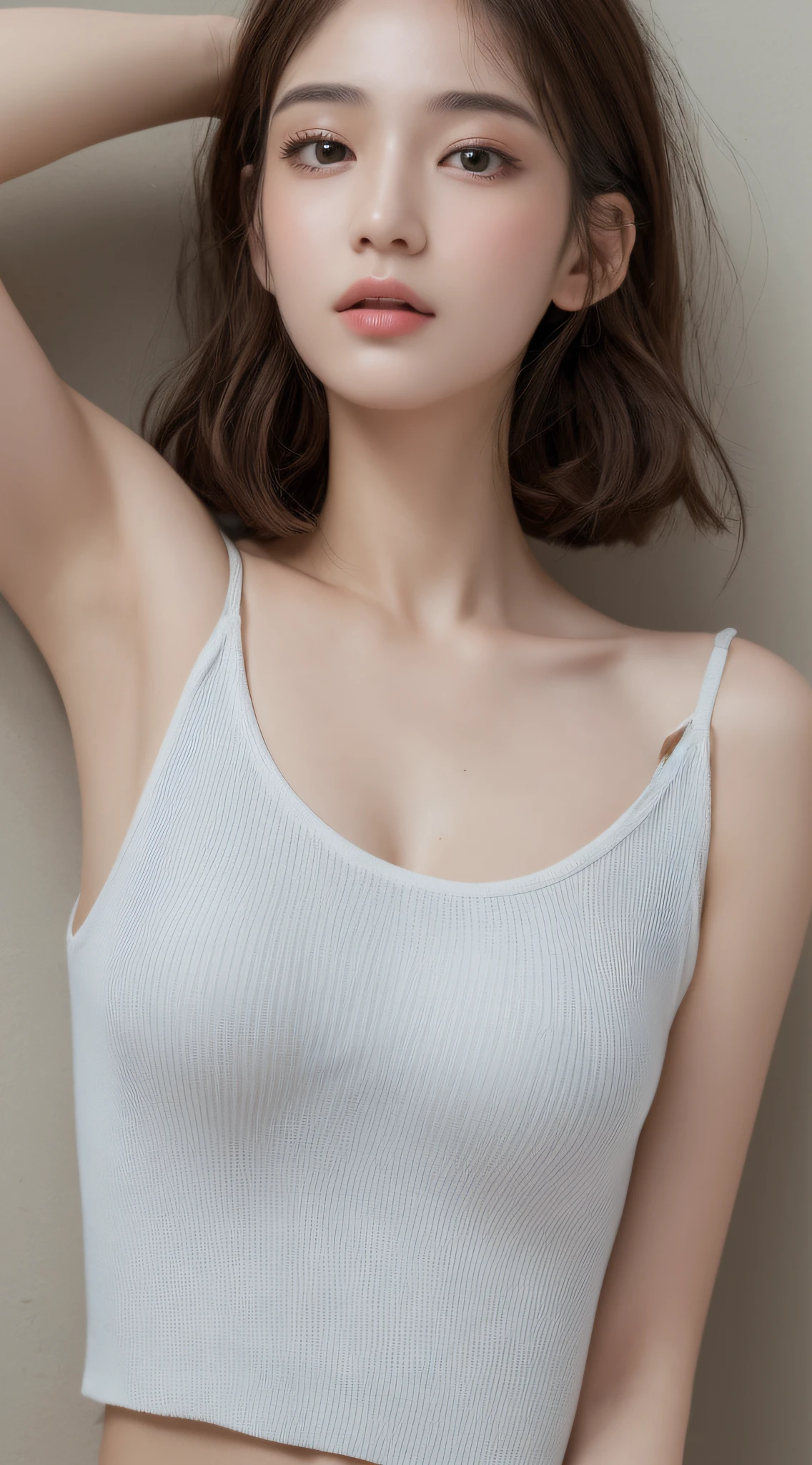 ((Best quality, 8k, Masterpiece :1.3)), 1girl, Pretty woman with emphasizing slender abs :1.3, (random hairstyles :1.2), Oversized tank top :1.2, Ultra-detailed face, Detailed eyes, Double eyelid, armpit