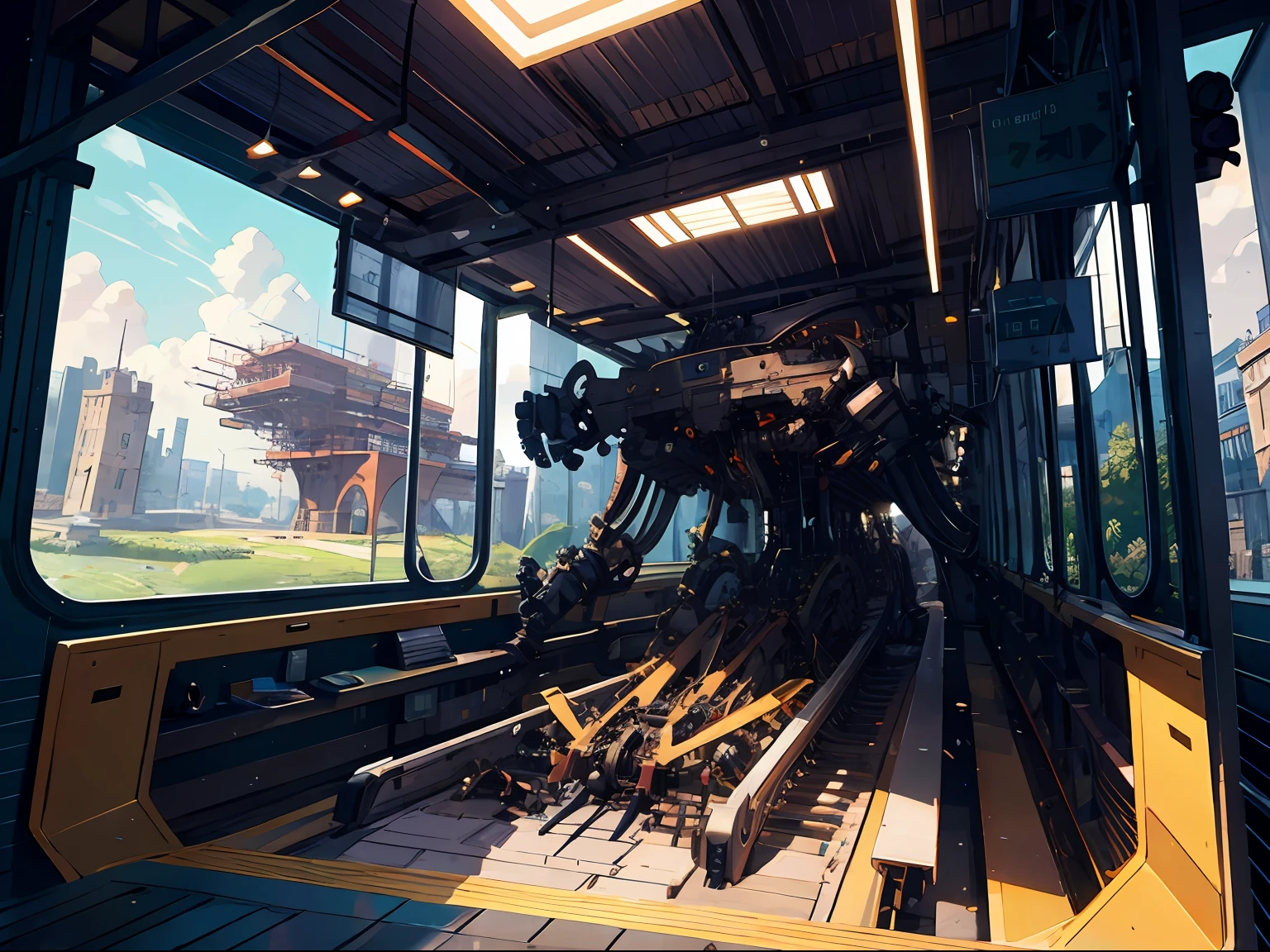 k hd、Best image quality、Super detailed CG illustration, Fine illustration,Inside a sprawling carriage,There are some huge mechanical parts stacked