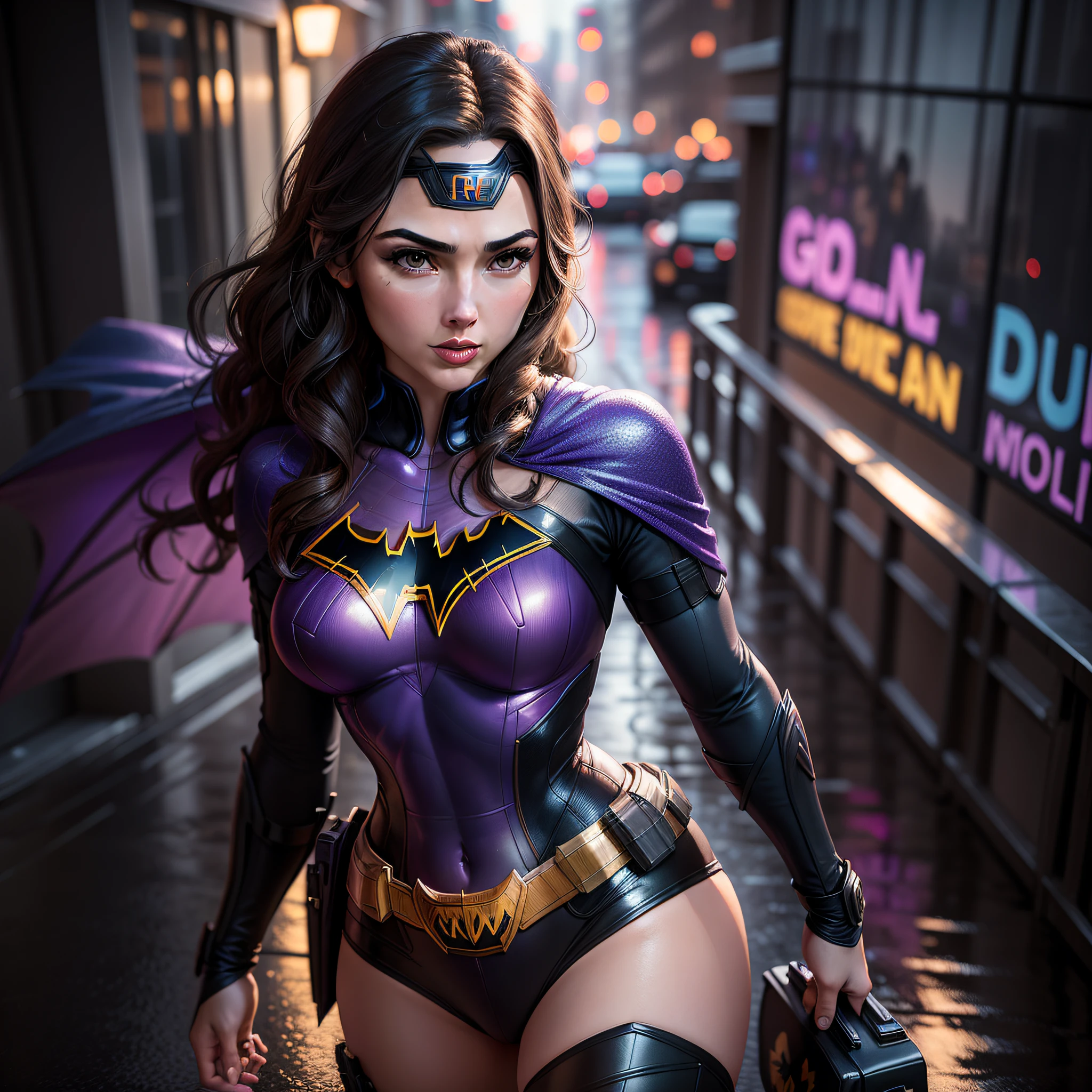 "Gal Gadot as Batgirl posing for the camera on a rainy night in the city. Realistic photo with vibrant reflections of purple and blue. Shot with Canon EOS R6."