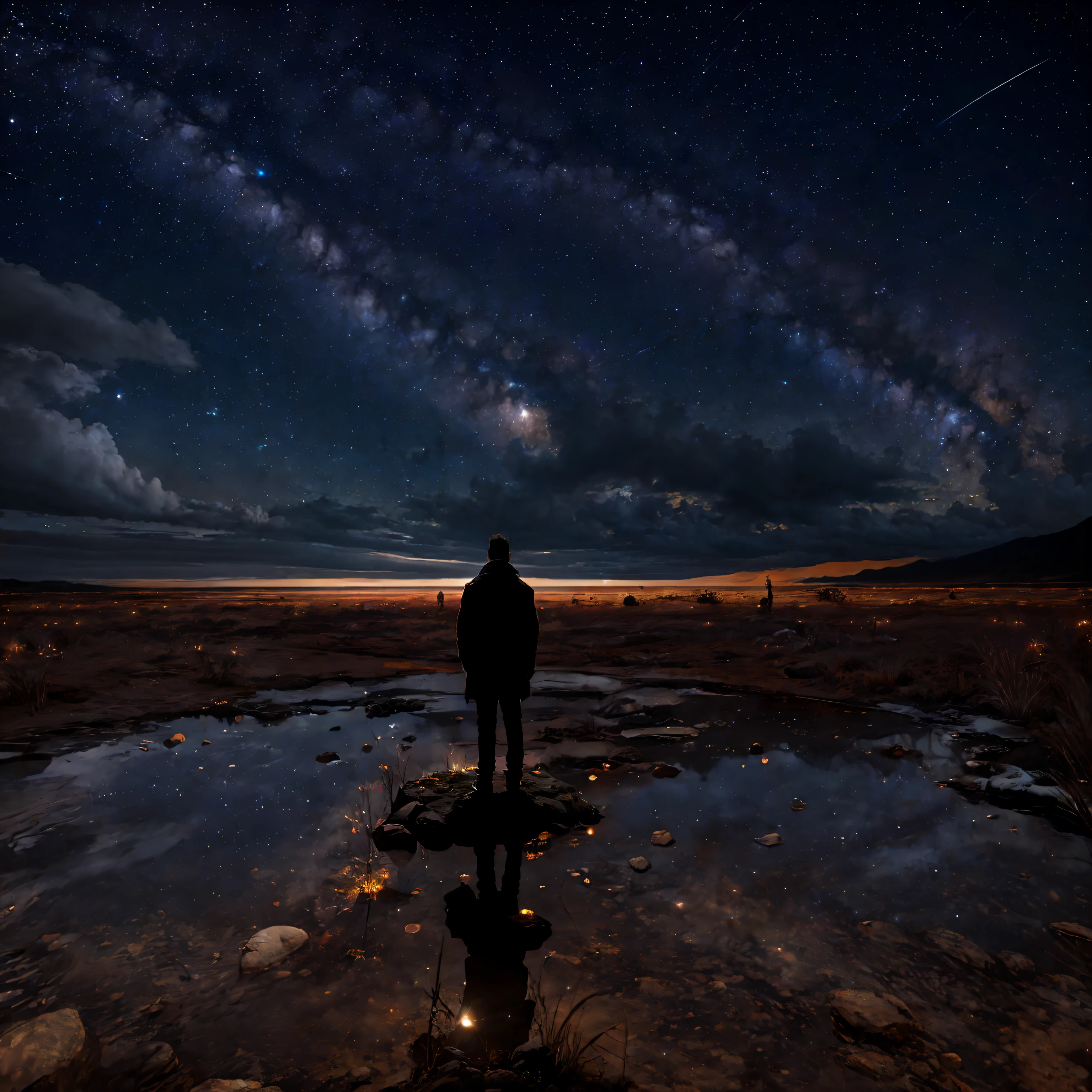 Imagem: Um personagem masculino gravemente ferido encontra-se deitado em um local escuro e desolado. His eyes are fixed on the night sky, where an intense glow of stars stands out in contrast to the surrounding darkness. The character seems to be taking his last breath, and his facial expression reveals a mixture of pain and serenity as he contemplates the vast universe above him.
Contexto adicional (opcional): The scene is shrouded in silence, exceto pelos suaves sussurros do vento. The character is wearing clothes that show signs of an arduous journey, and there are signs of battle and serious injuries to his body. In your hand, ele segura um objeto significativo que parece ter um valor sentimental.
Instructions for the template: Describe the character's emotions and thoughts as he looks up at the stars in his final moments. Explain the possible story behind his wounds and the importance of the object he holds. Transmita a atmosfera e o clima da cena, highlighting the elements that contribute to the feeling of farewell and final reflection.