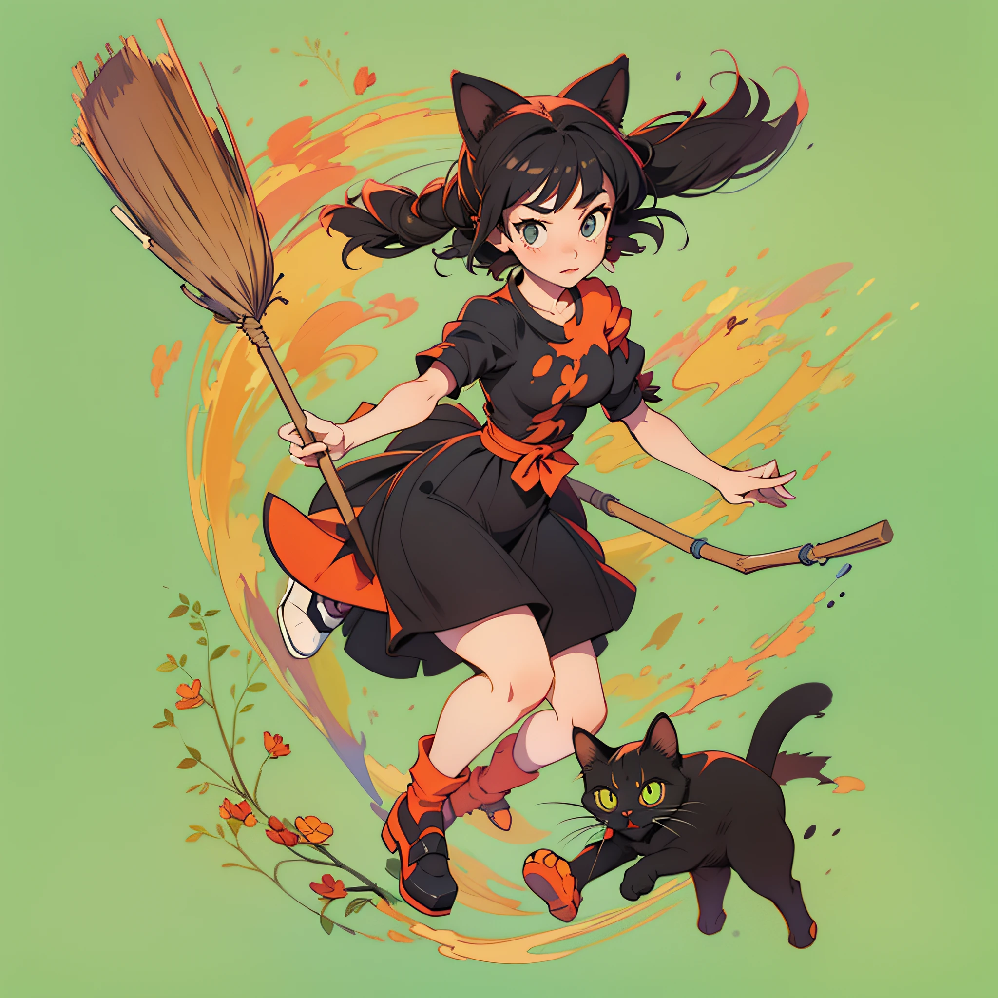 Tshirt design on Kiki's Delivery service, full body, flying on broom stick with a black cat