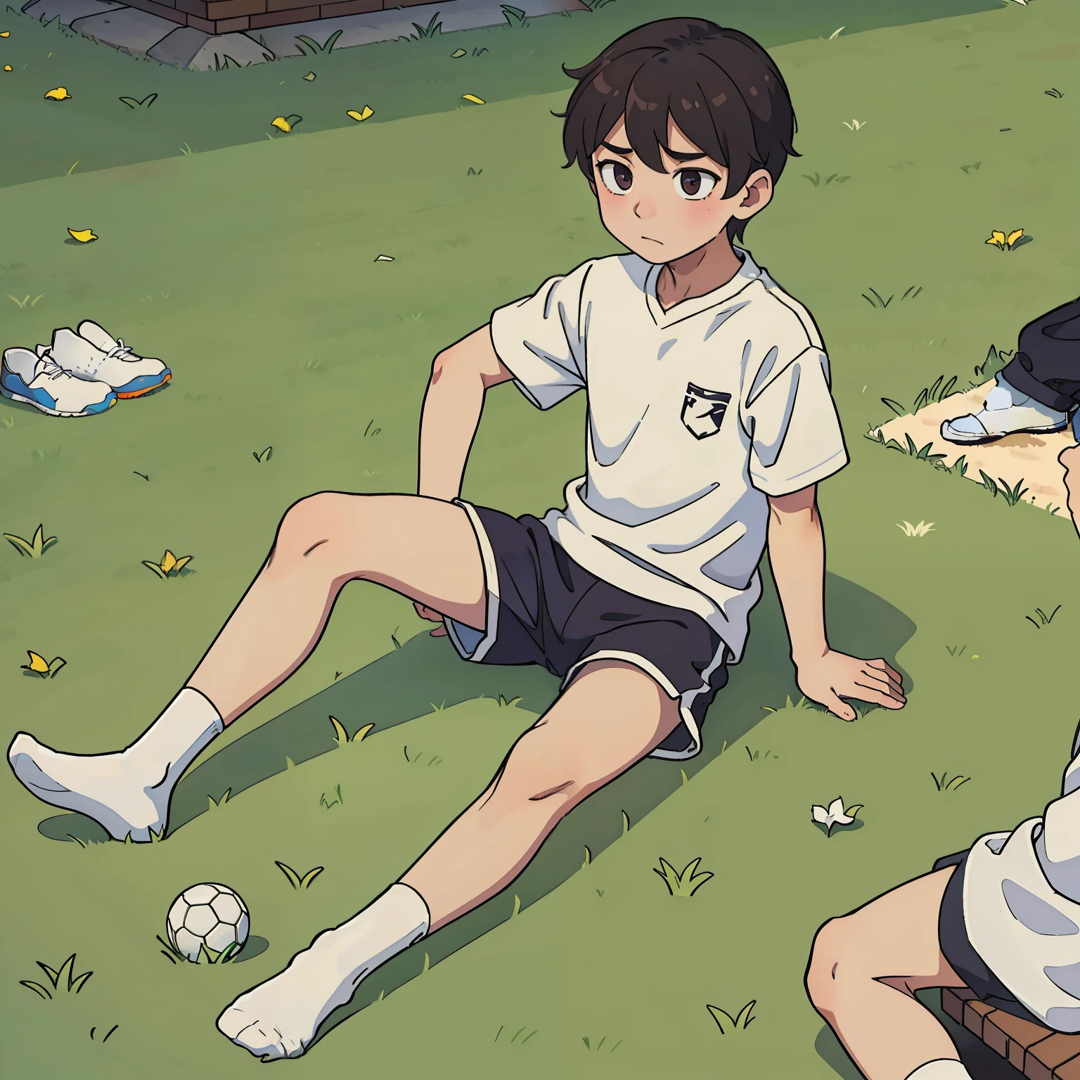 Shota, 2guys,without wearing shoes, White socks, Sports wear(rot, blanche), lawns, sat on the ground, tmasterpiece, k hd