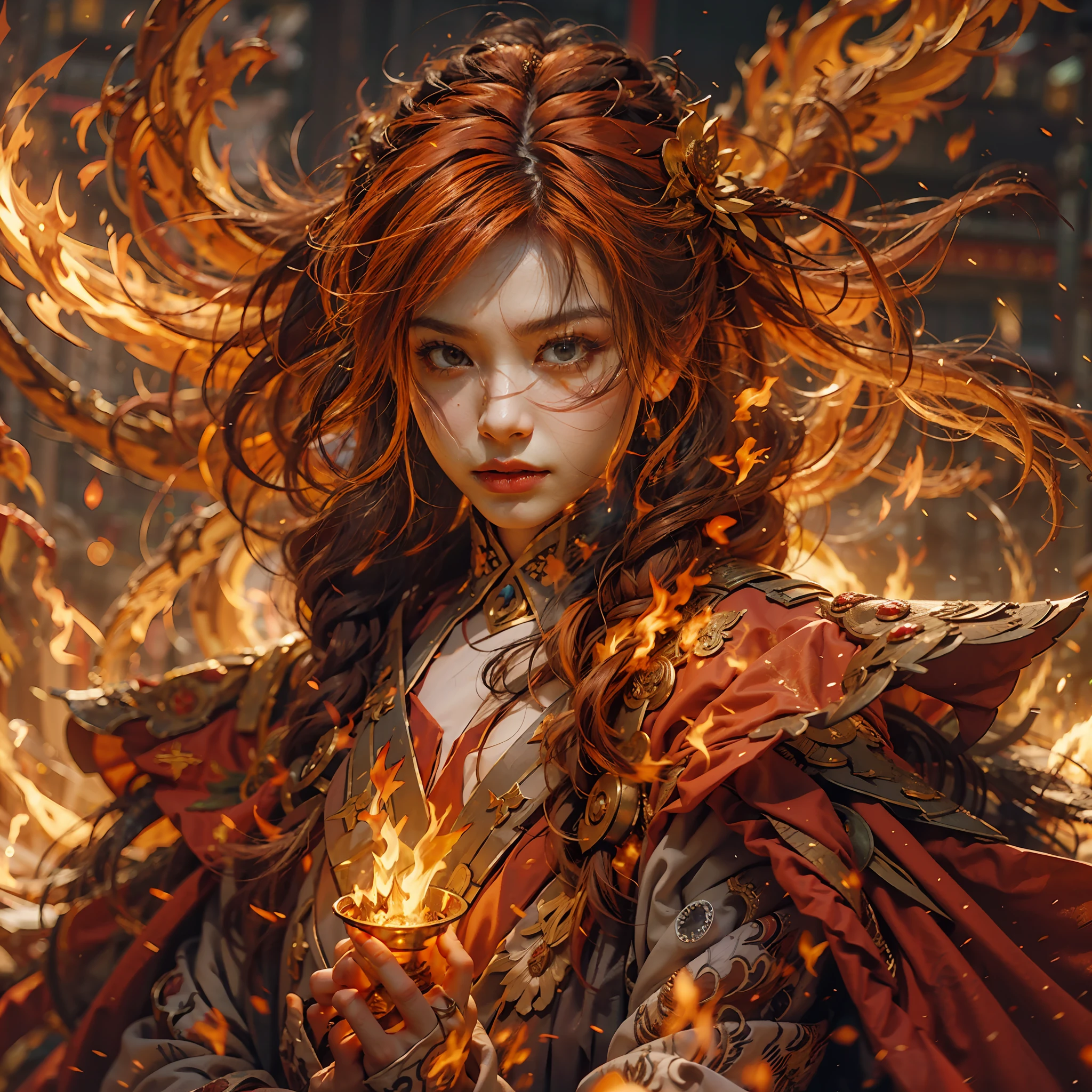 1girll,Flame mage dressed in fiery red(Chinese Hanfu),The robe was embroidered with intricate runes and ornaments,Exudes a burning breath。He was tall and strong,Hands up,Powerful fire spells are being unleashed。His eyes were firm and sharp,A flash of fire flashed in his eyes,Behind the Flame Mage,(A huge flame phoenix spread its wings and flew:1.2),(The feathers of the phoenix burned with roaring flames),It shines brightly,Its body is surrounded by flames,Flame feathers danced,Form a spectacular flaming six-pointed star array pattern,Full of mysterious magic,The whole scene is full of fiery aura and passion for fighting,Large areas of flame spells bloomed in the air,A brilliant arc of flame and flying sparks formed,(Flame Mage and Phoenix),It appears majestic and mysterious in the midst of raging fires,Like the embodiment of fire and magic,red hair,high detal,ultra-realistic realism,Verism,((Bust photo)),(real photograph:1.4),(lightand shade contrast),cinmatic lighting,Realistic special effects,c4d渲染,rendering by octane,Ray traching,in a panoramic view,angle of view,textureskin,super detailing,hyper HD,tmasterpiece,anatomy correct,best qualtiy,A high resolution,8K
