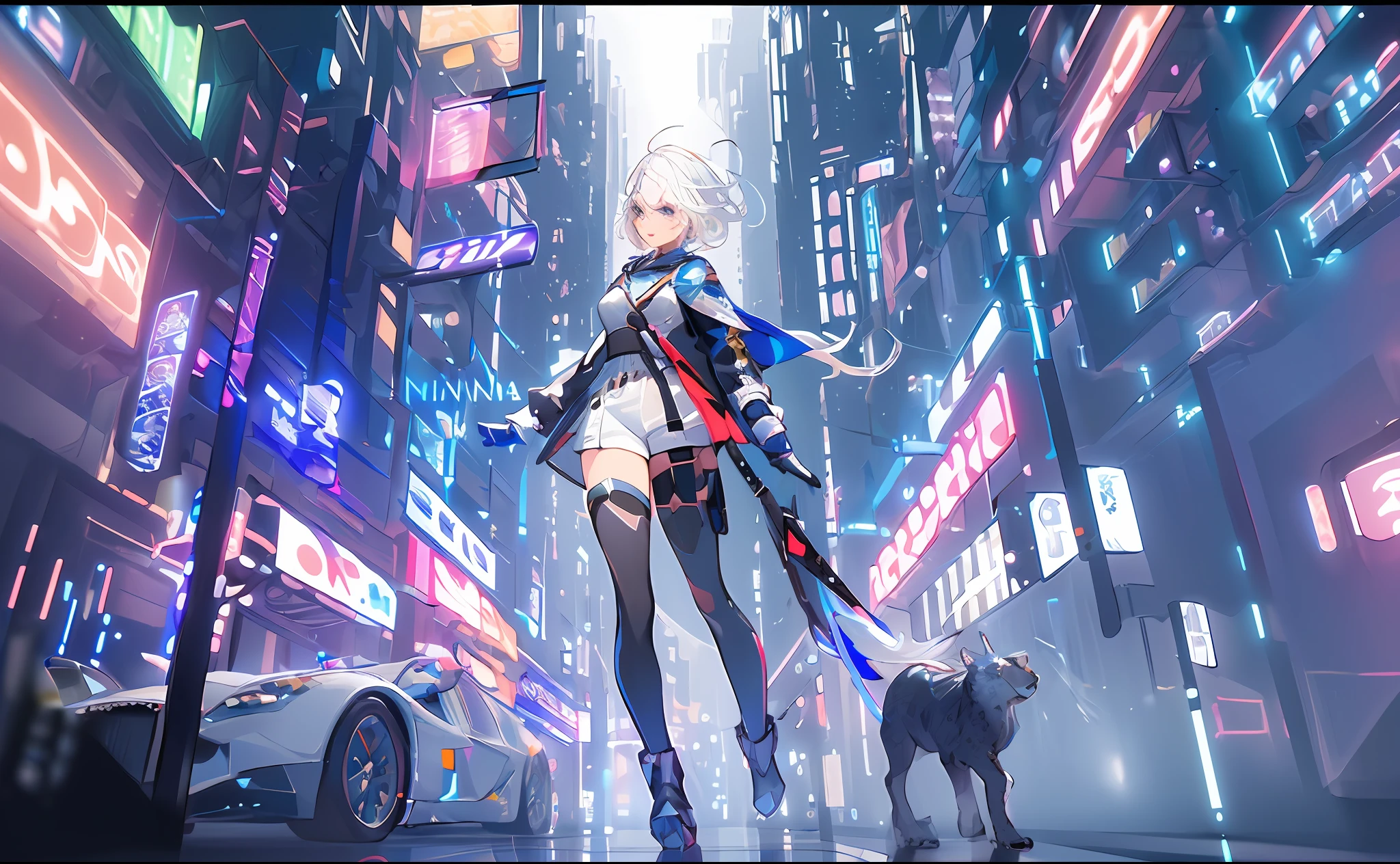 (masterpiece:1.2), best quality,realistic,Elaina,
Cyberworld,1girl, letterboxed, solo, white hair, scenery, short hair, jacket, science fiction, holding, holographic interface, city, blue jacket, gloves, city lights, long sleeves, looking up, cityscape, boots, building, night, from above