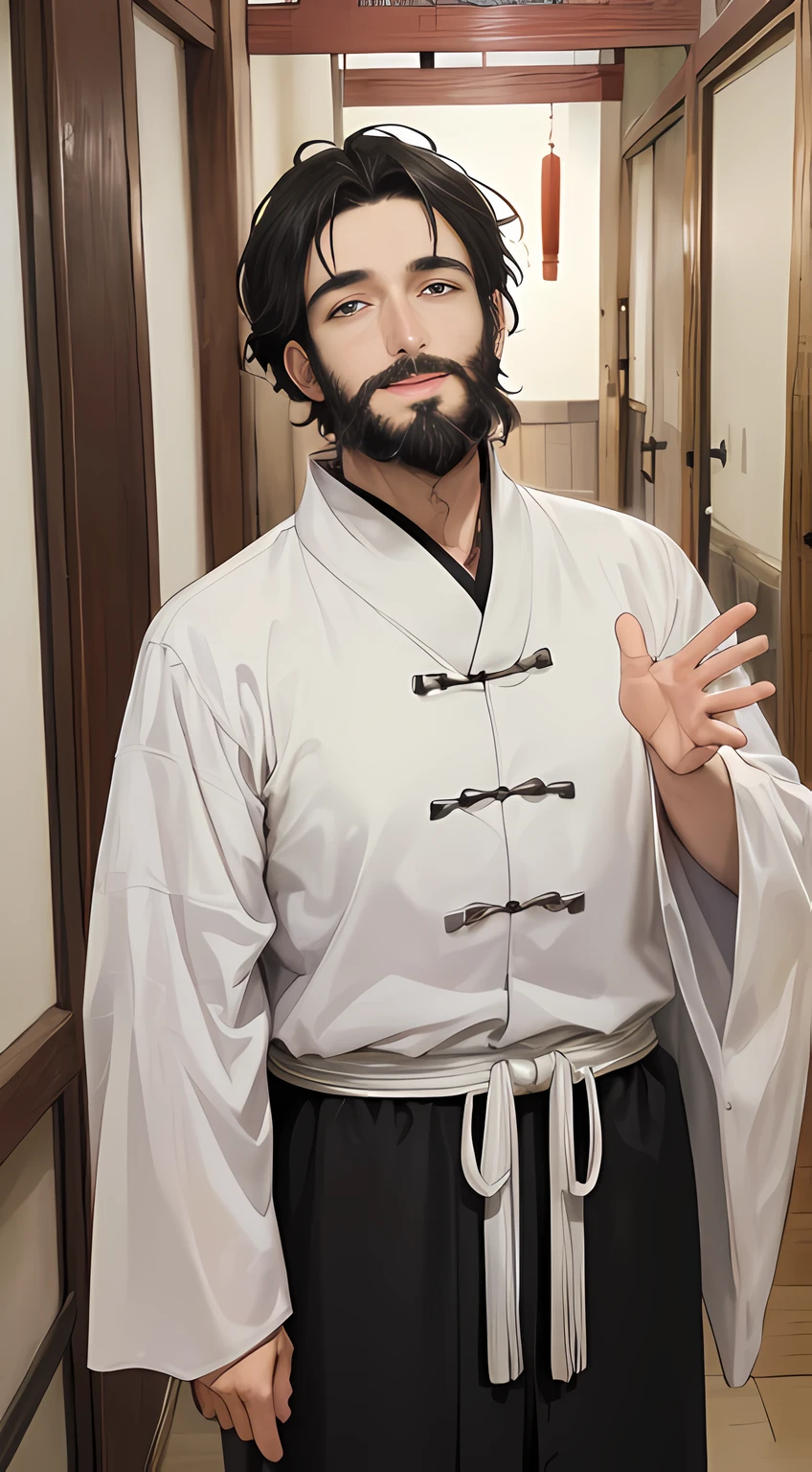 A 30-year-old man, Black hair ,Kind expression,(rejoice),ssmile,Square chin and sparse beard, His clothes were gray and white, Flat celebrities in ancient China,Anime figure ,Rustic,villages,doorways