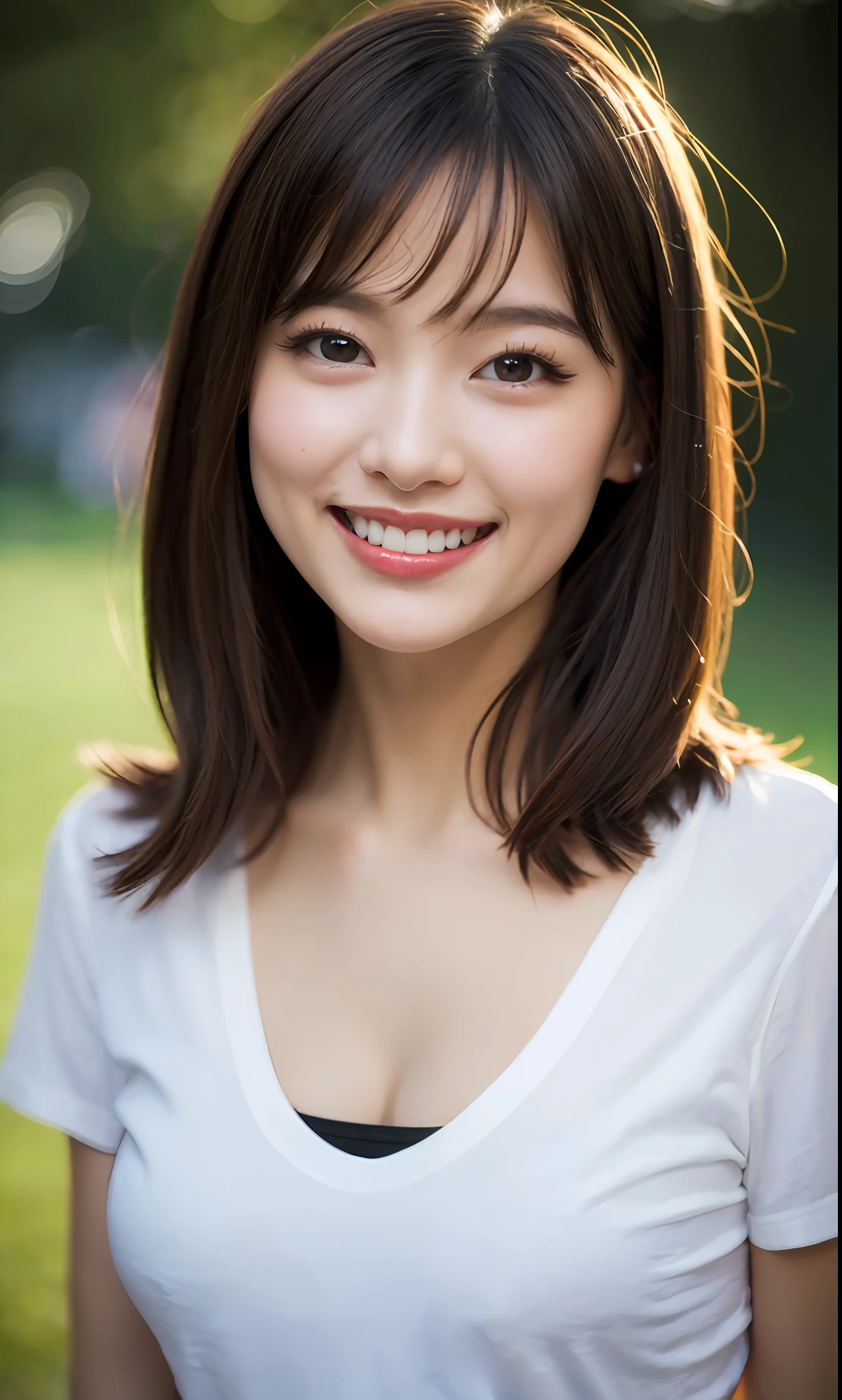 (8k, RAW Photography,top-quality, hight resolution:1.1), (hyper realisitic:1.4),(realisitic, Photorealsitic:1.3), Soft light,large full breasts,girl with,lifelike face,Realistic body,real looking skin,absurderes,​masterpiece,(cute little:1.8), Cuties, 独奏, (huge-breasted:1.2), Detailed black eyes,Innocent eyes,blusher,(tshirts:1.2),Cinema Lights,Film Grain,jewely,耳Nipple Ring,((Medium hair:1.1)),((floating hair novafrogstyle)),Cherry-colored lips,Hair Ribbon,Hair Bow,poneyTail,a closeup,looking at viewert,length hair, The upper part of the body, Open lips, Upper teeth, (smile eyes:0.6), ((Grinning:1.2)),depth of fields, blurry backround, eyes focus, Bokeh,年轻, 85mm Lens, F/1.4,professionally lit, 年轻,portlate,Photon Mapping,Radio City,physically-based renderingt,no-bra、japanes