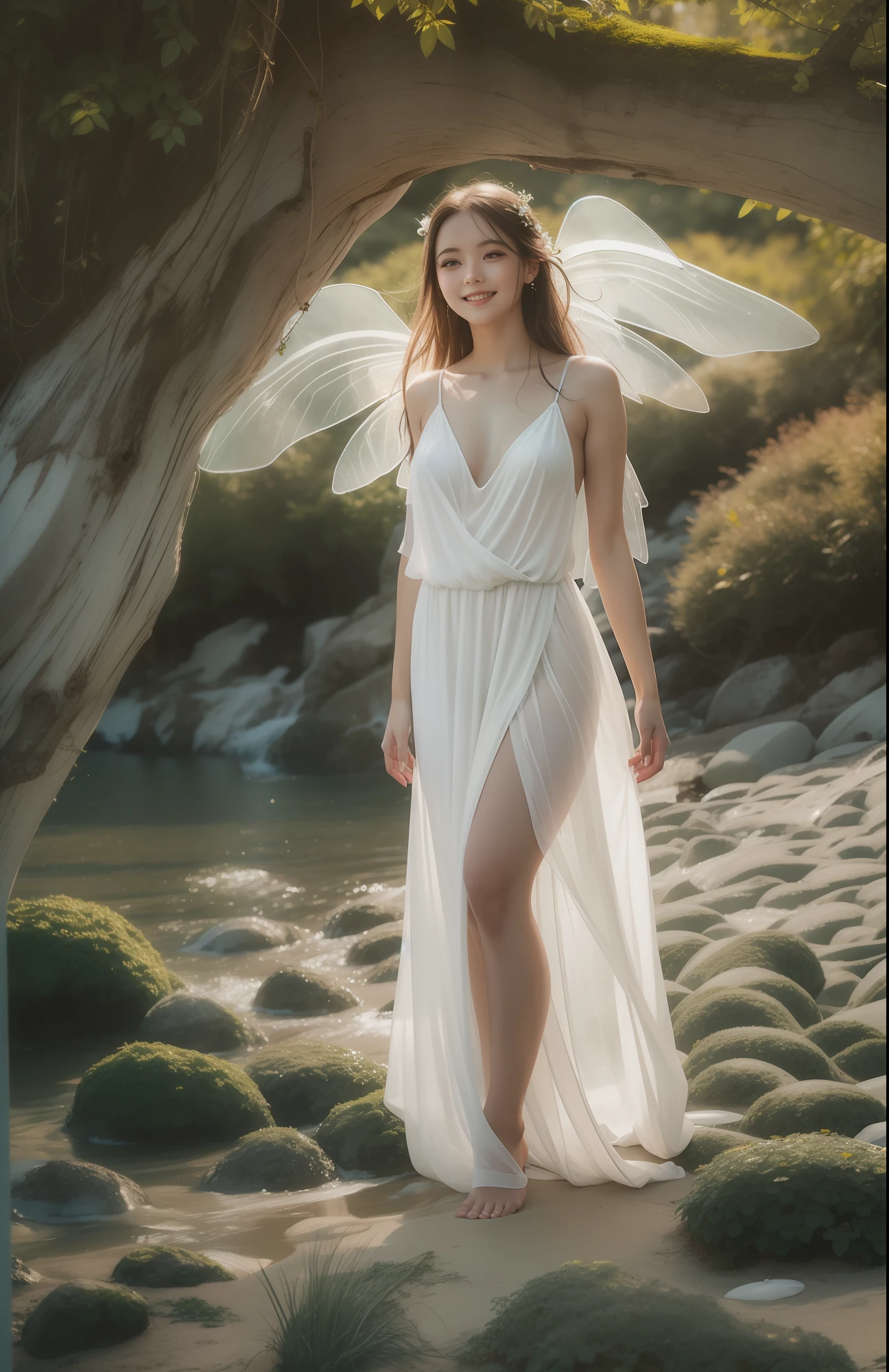 being thin、Photo of gorgeous 20-year-old Icelandic fairy wearing (White flowing dress:1.2) And (Delicate fairy wings:1.2), Grinning, (looking in camera:1.1), (Sateen:1.1), On the beautiful seaside:,, masutepiece, Barefoot, (Natural lighting:0.8), 8K, ((Realistic)), F/1.1, , the woods、covering the navel、hiding breast、Hide legs、(Curvaceous)femele(flawless skin:1.11)And(teats:1.1)、A smile、full body Esbian、Beautiful standing figure、Sea Fairy、Beautiful summer sky、Beautiful white shells、The upper part of the body