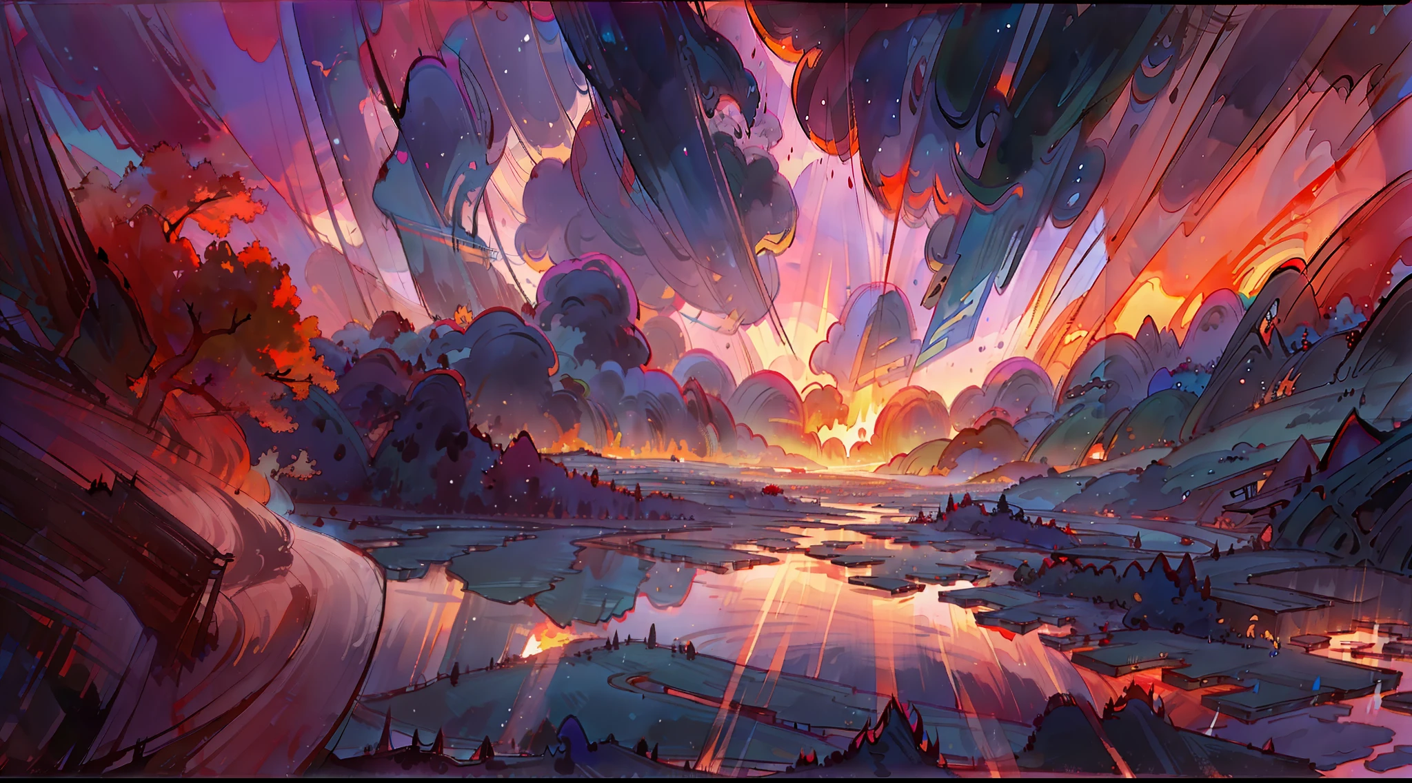 A surreal masterpiece，It presents a beautiful and spectacular view of dusk。Lakes and trees form the background，Accompanied by colorful sunsets and fantastic sky reflections。The beautiful sky blends in with the color of the lake，It's like a flame。This 8K picture creates a fantastic atmosphere，Colorful clouds are suspended in it，Create surreal visual experiences