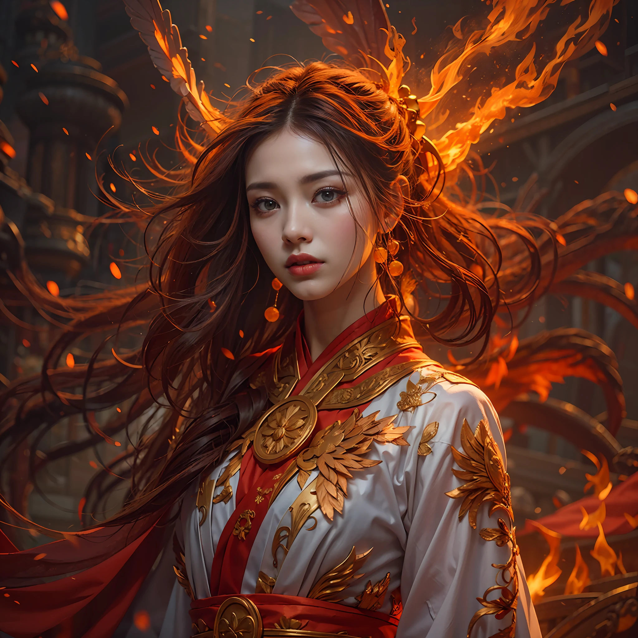 1girll，Flame mage dressed in fiery red（Chinese Hanfu），The robe was embroidered with intricate runes and ornaments，Exudes a burning breath。He was tall and strong，Hands up，Powerful fire spells are being unleashed。His eyes were firm and sharp，A flash of fire flashed in his eyes，Behind the Flame Mage，（A huge flame phoenix spread its wings and flew：1.2），（The feathers of the phoenix burned with roaring flames），It shines brightly，Its body is surrounded by flames，Flame feathers danced，Form a spectacular flaming six-pointed star array pattern，Full of mysterious magic，The whole scene is full of fiery aura and passion for fighting，Large areas of flame spells bloomed in the air，A brilliant arc of flame and flying sparks formed，（Flame Mage and Phoenix），It appears majestic and mysterious in the midst of raging fires，Like the embodiment of fire and magic，red hair，high detal，ultra-realistic realism，Verism，（（Bust photo）），（real photograph：1.4），（lightand shade contrast），cinmatic lighting，Realistic special effects，c4d渲染，rendering by octane，Ray traching，in a panoramic view，angle of view，textureskin，super detailing，hyper HD，tmasterpiece，anatomy correct，best qualtiy，A high resolution，8K