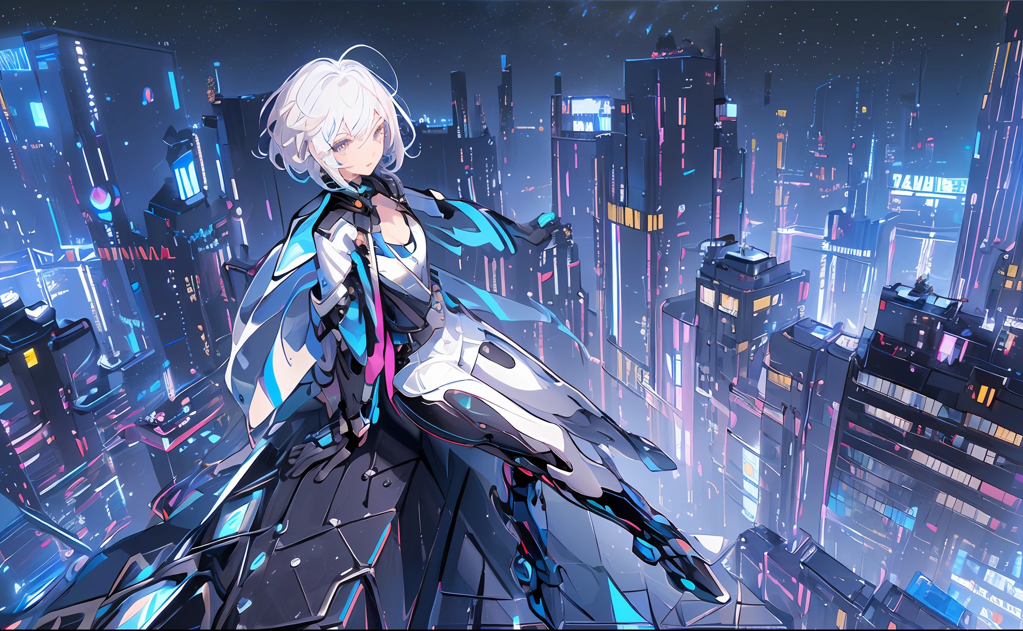 (masterpiece:1.2), best quality,realistic,Elaina,
Cyberworld,1girl, letterboxed, solo, white hair, scenery, short hair, jacket, science fiction, holding, holographic interface, city, blue jacket, gloves, city lights, long sleeves, looking up, cityscape, boots, building, night, from above