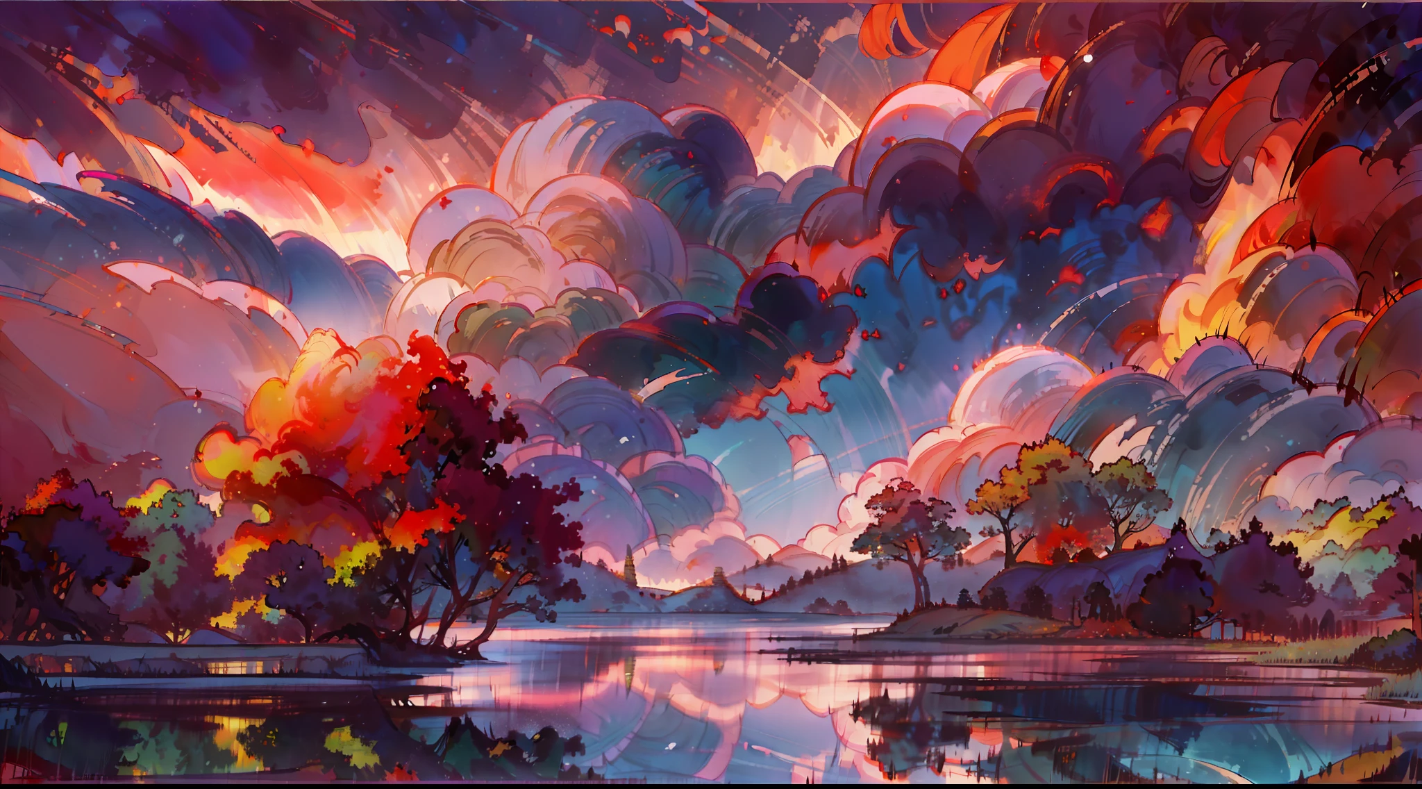 A masterpiece of surreal twilight views，Accompanied by colorful sunsets and fantastic sky reflections，Create a fiery beauty。The 8K picture shows colorful clouds suspended，The sunset is above the clouds，Create a surreal visual experience。