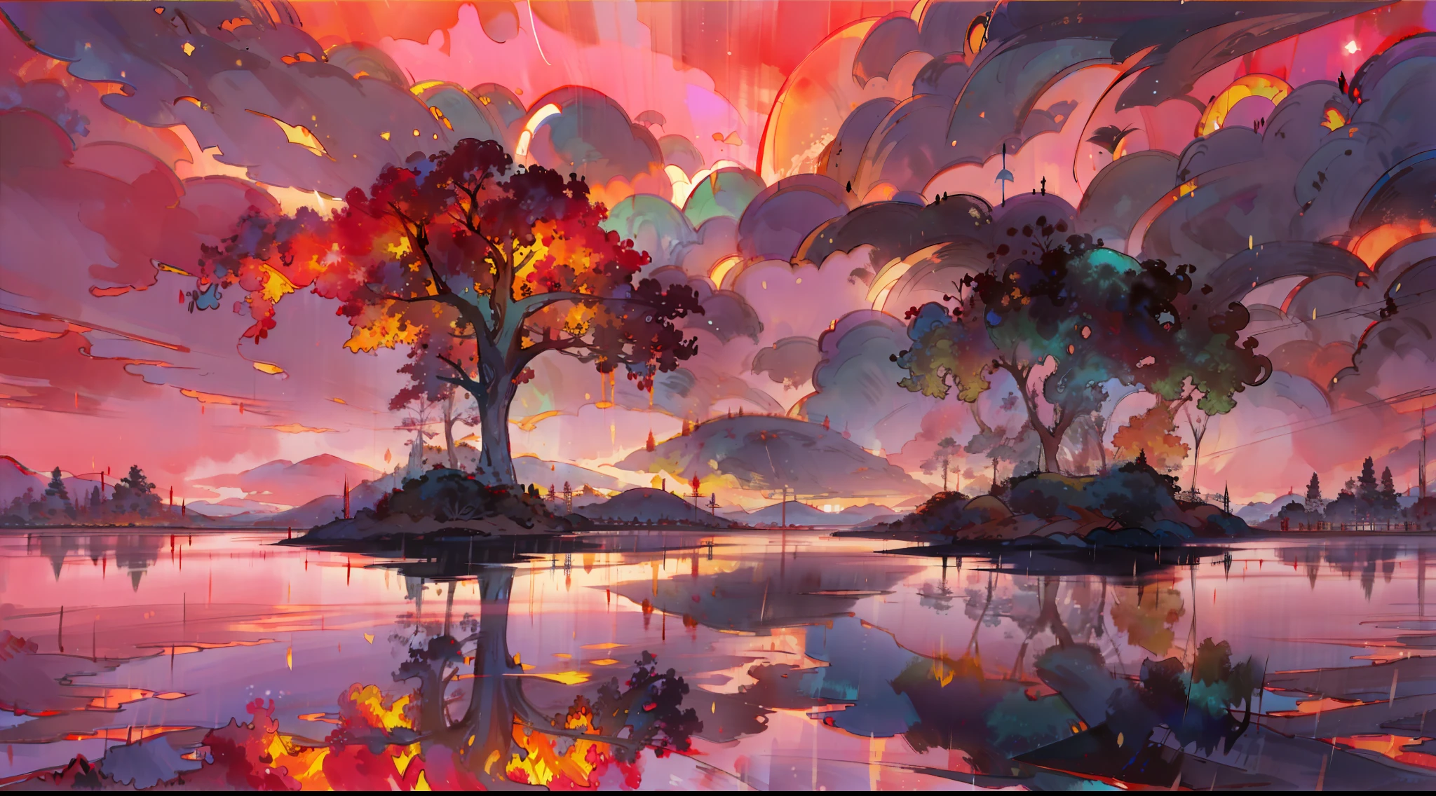 A surreal masterpiece，It presents a beautiful and spectacular view of dusk。Lakes and trees form the background，Accompanied by colorful sunsets and fantastic sky reflections。The beautiful sky blends in with the color of the lake，It's like a flame。This 8K picture creates a fantastic atmosphere，Colorful clouds are suspended in it，Create surreal visual experiences
