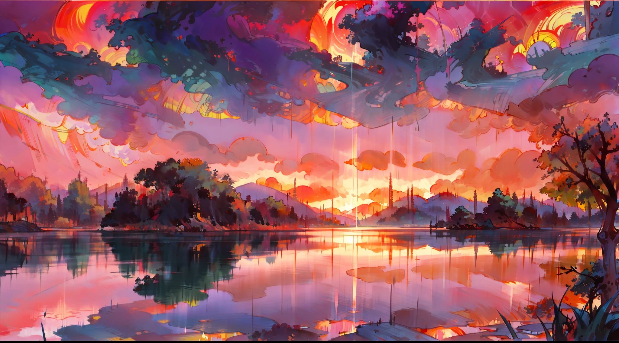 A masterpiece of surreal twilight views，Accompanied by colorful sunsets and fantastic sky reflections，Create a fiery beauty。The 8K picture shows colorful clouds suspended，The sunset is above the clouds，Create a surreal visual experience。