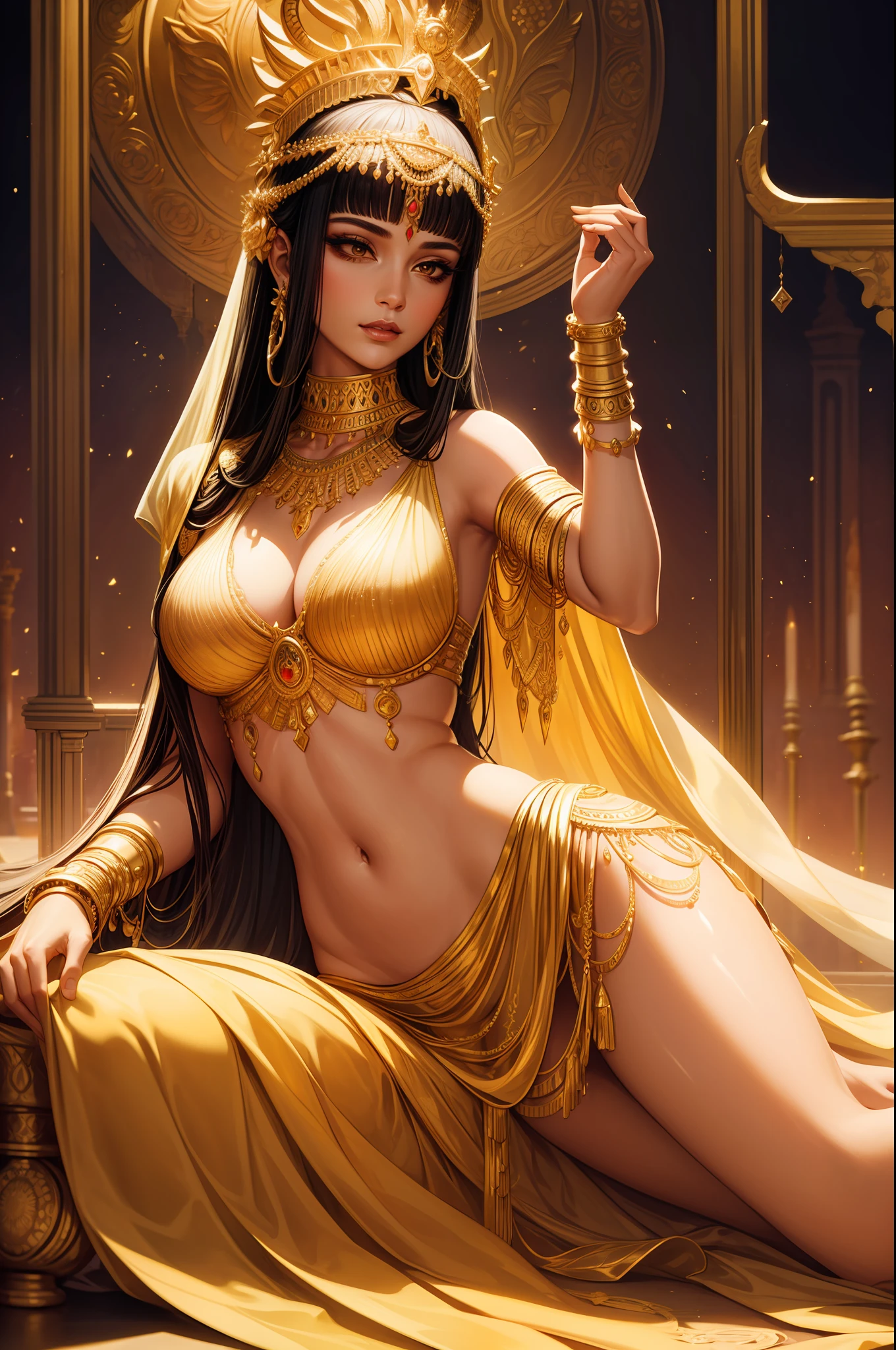 "A majestic portrayal of Cleopatra, exuding power and beauty, adorned in regal attire, with intricate jewelry and a captivating headdress. The setting is a grand palace, with opulent architecture, rich tapestries, and golden accents. The lighting highlights her features, casting a soft glow on her flawless complexion. The composition is balanced, with Cleopatra positioned prominently in the center, commanding attention. The atmosphere is filled with an air of mystery and elegance.+"