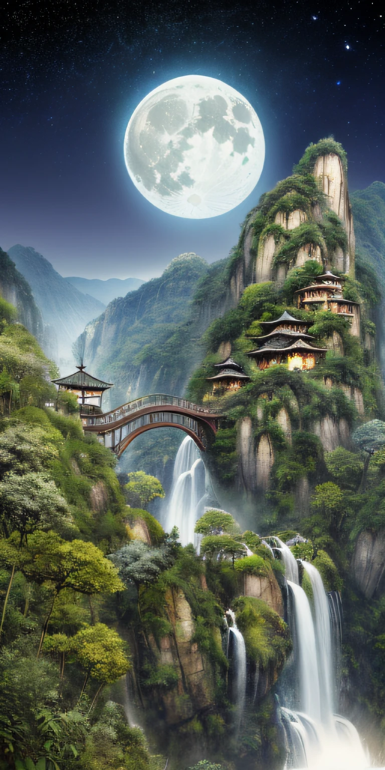 Masterpiece, High quality, Extremely detailed Cg Unity 8K wallpaper, scenery, Outdoors, Bamboo, Moon,Night, No Man, Mountain, landscape, waterfallr, cliff, Nature, Panda, award winning photography, hdr, full bloom, color difference ,Photorealistic,Extremely detailed, trending on artstationh, trending on CGSociety, Intricate, High detail, Dramatic, art by midjourney