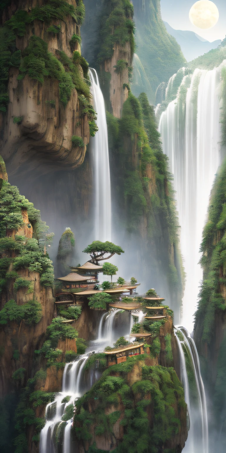 Masterpiece, High quality, Extremely detailed Cg Unity 8K wallpaper, scenery, Outdoors, Bamboo, Moon,Night, No Man, Mountain, landscape, waterfallr, cliff, Nature, Panda, award winning photography, hdr, full bloom, color difference ,Photorealistic,Extremely detailed, trending on artstationh, trending on CGSociety, Intricate, High detail, Dramatic, art by midjourney