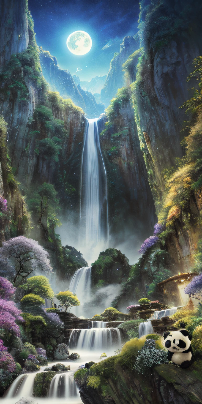 Masterpiece, High quality, Extremely detailed Cg Unity 8K wallpaper, scenery, Outdoors, Bamboo, Moon,Night, No Man, Mountain, landscape, waterfallr, cliff, Nature, Panda, award winning photography, hdr, full bloom, color difference ,Photorealistic,Extremely detailed, trending on artstationh, trending on CGSociety, Intricate, High detail, Dramatic, art by midjourney