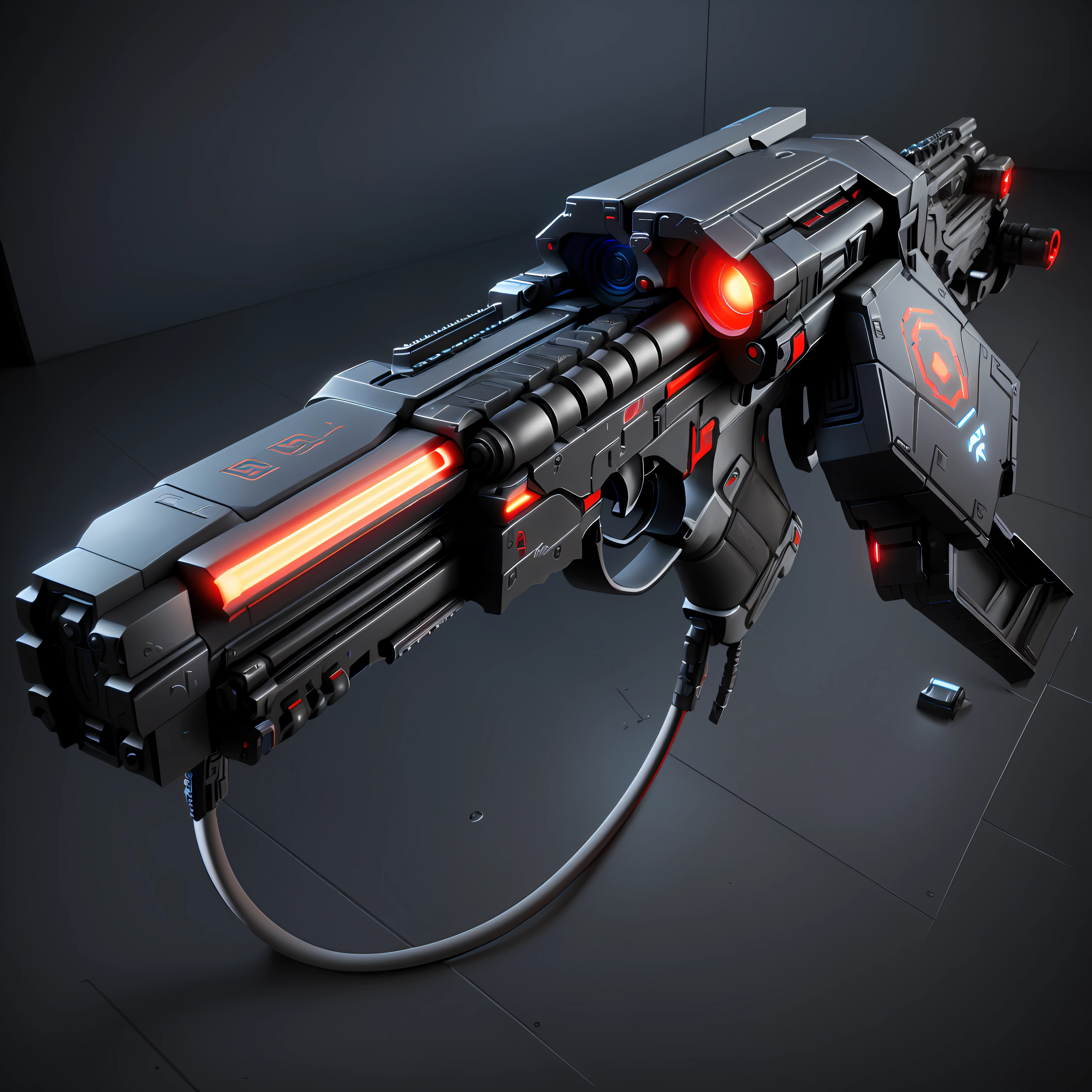 Close-up of red light gun, sci - fi weapon, futuristic weapon shotgun, futuristic gun, futuristic weapon, futuristic assault rifle, futuristic pistol, laser rifles, laser rifles, realistic weapons, keyshot rendering, realistic gun design, gauss rifle, realistic gun, 3 d octane render conceptart, rendered in keyshot, pulse rifle