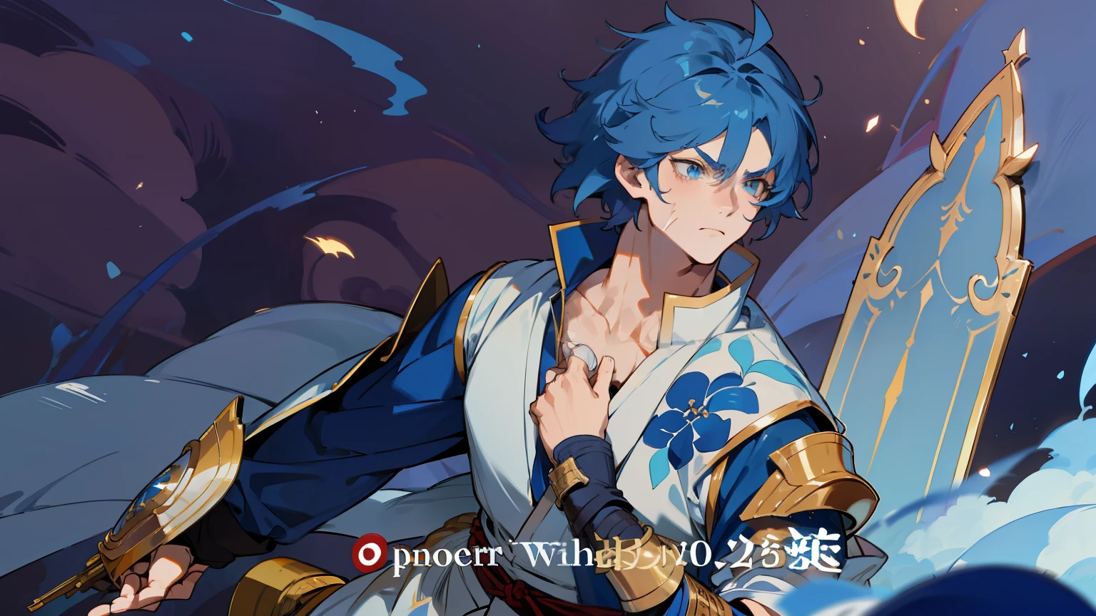 muscular guy, short pointed blue hair、Golden eyes、Scar on left cheek、Traditional samurai armor in light blue、Light blue gauntlet