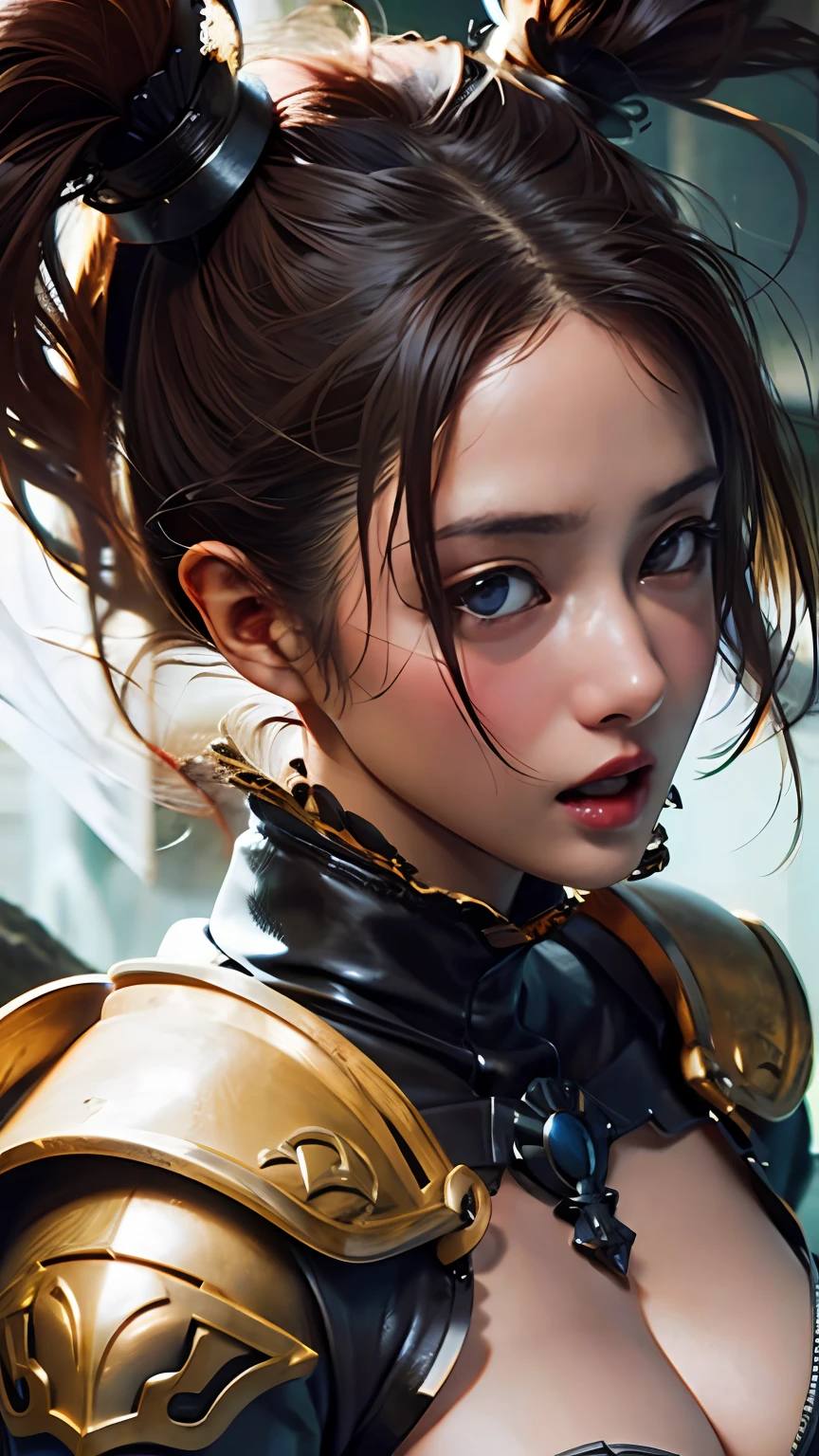 Official Art, Unity 8k wallpaper, ultra detail, masterpiece, best quality, one woman, (very detailed),(RAW photo, best quality), (realistic, photorealistic:1.3), high definition, open mouth wide, ultra-detailed complex 3D rendering of face, (big breasts: 8.8), (highly detailed skin: 1.2), (exposure: 1.1), Beautiful Caucasian woman with full soft breasts and white skin with big ass (topless), breasts, long gray hair, brown eyes, long hair, (translucent white dress), dynamic angle, mystical expression, fire glow effect, fantasy background, rim lighting, side light, cinematic light, ultra high definition, 8k, film grain,best shadow, light particles, detailed skin texture, Detailed gem armor texture, detailed face, intricate detail, super detailed, bright, strong, gold armor, cleavage, have glowing weapon, have shield, pole dron, (()), glowing eyes, long red cloak, fantasy, (realistic),