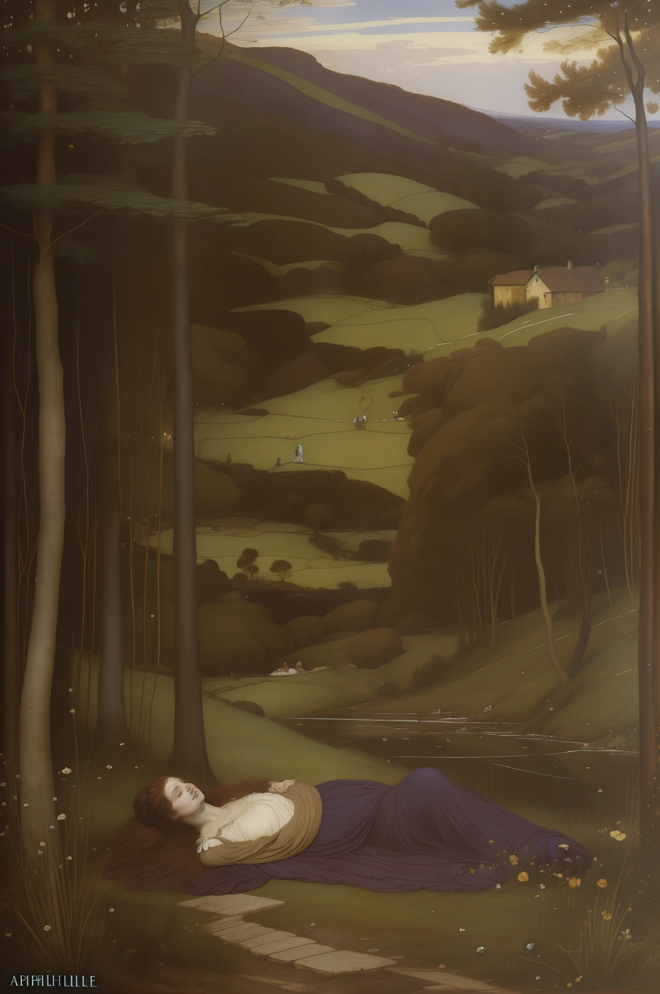 (((Pre Raphaelie Painting))) homem magro, cadaveric, dead body, morto, caverna, campo de urzes, urze roxas, charneca, Rustic, gruta, urzes lilases, charneca