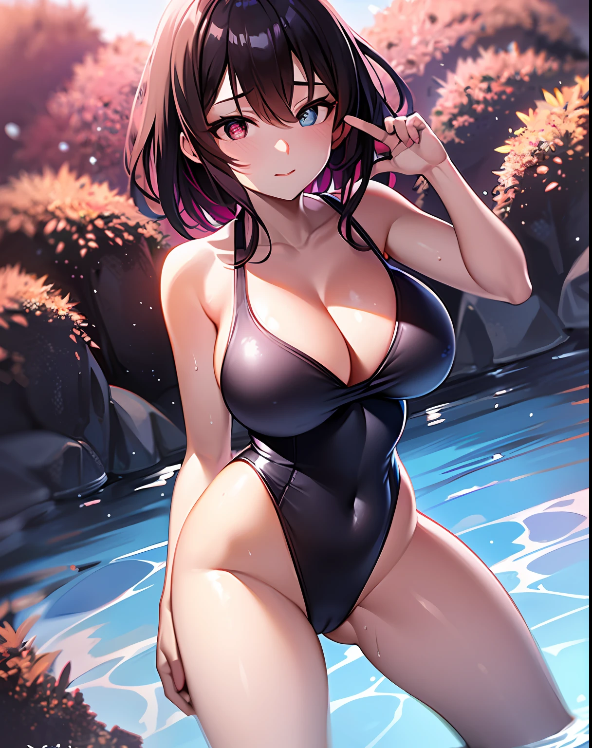 2D Beautiful Girl，Bold swimsuit，The reveal panties，Large breasts，Slim legs，shyexpression，Smooth skin，ssmile，Look up at the perspective，You can see the panties，Normal body Normal hands，Black eyes，high qulity，k hd，Drenched Body，Loving pupils，love heart，red tinted hair，Blue swimsuit，Heterochromic pupils