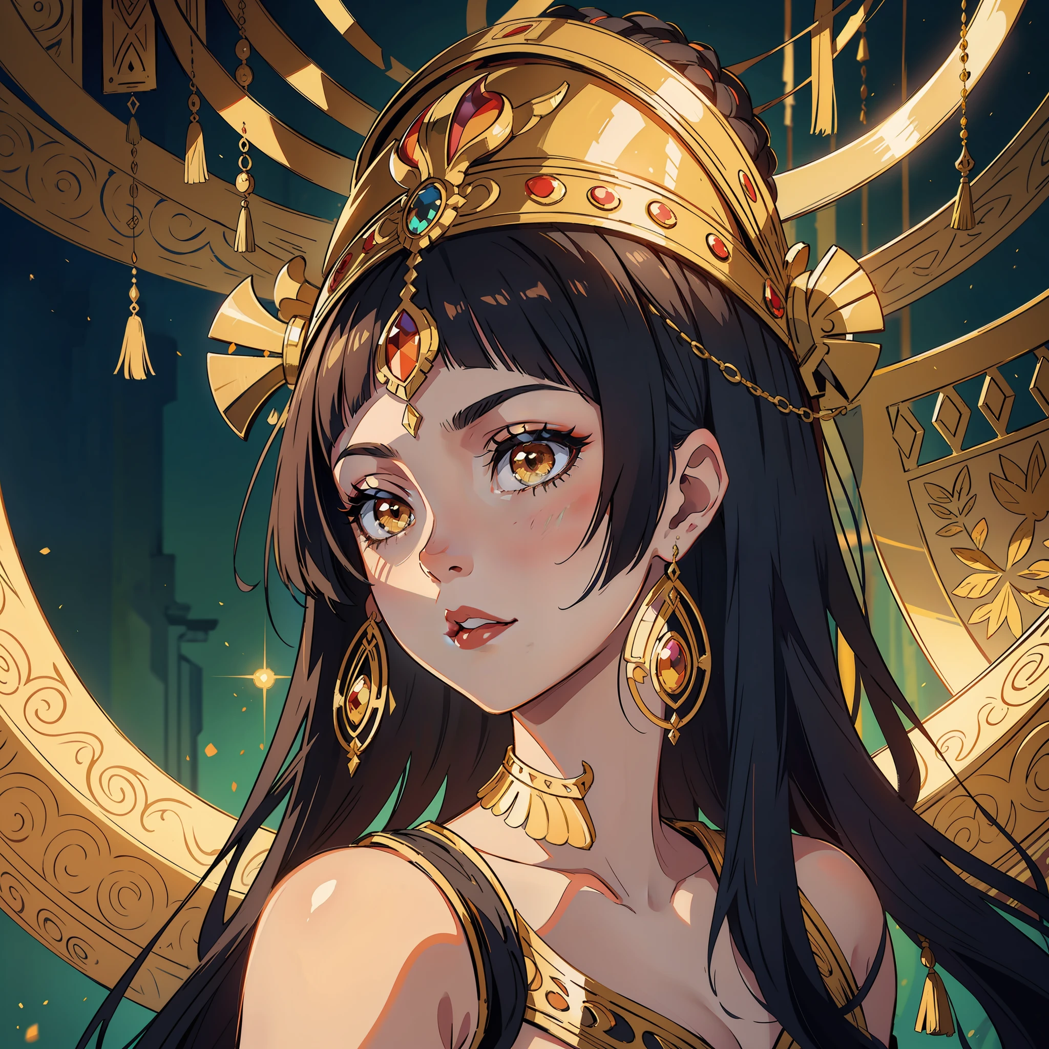 "A majestic portrayal of Cleopatra, exuding power and beauty, adorned in regal attire, with intricate jewelry and a captivating headdress. The setting is a grand palace, with opulent architecture, rich tapestries, and golden accents. The lighting highlights her features, casting a soft glow on her flawless complexion. The composition is balanced, with Cleopatra positioned prominently in the center, commanding attention. The atmosphere is filled with an air of mystery and elegance."