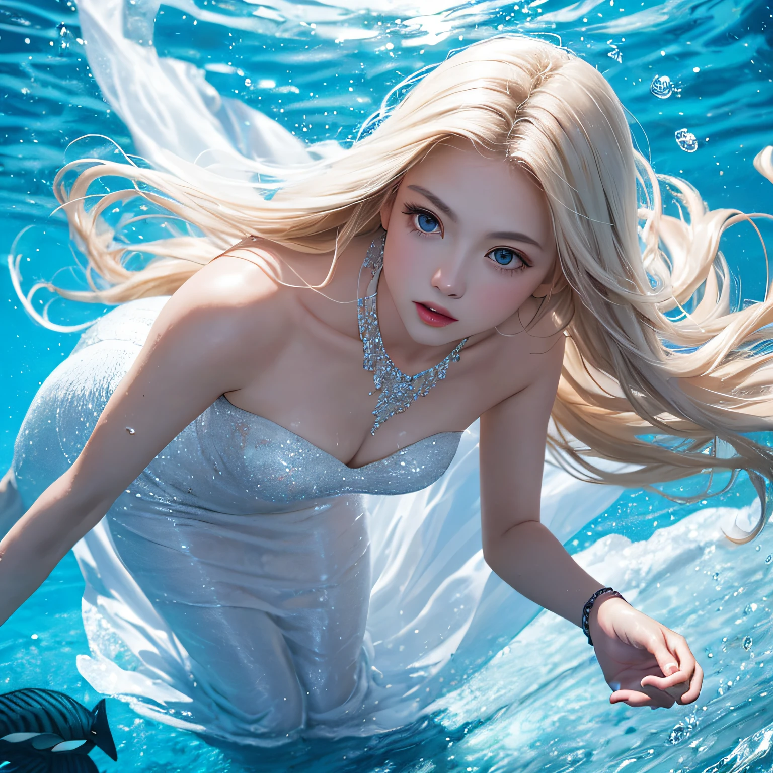 (in 8K, RAW Photos, of the highest quality, Masterpieces: 1.2), (Realistic, Photorealistic: 1.37), Highest Quality, Ultra High Resolution, light  leaks, Dynamic lighting, Slim and smooth skin, (Full body:0.8), (Soft Saturation: 1.6), (Fair skin: 1.2), (Glossy skin: 1.1), Oiled skin, 18 years old, In the deep sea、a large amount of foam、Swimming、Sparkling white blonde、entranceway、Ice blocks、Ice Sparkle、Diamond Dust、Frozen