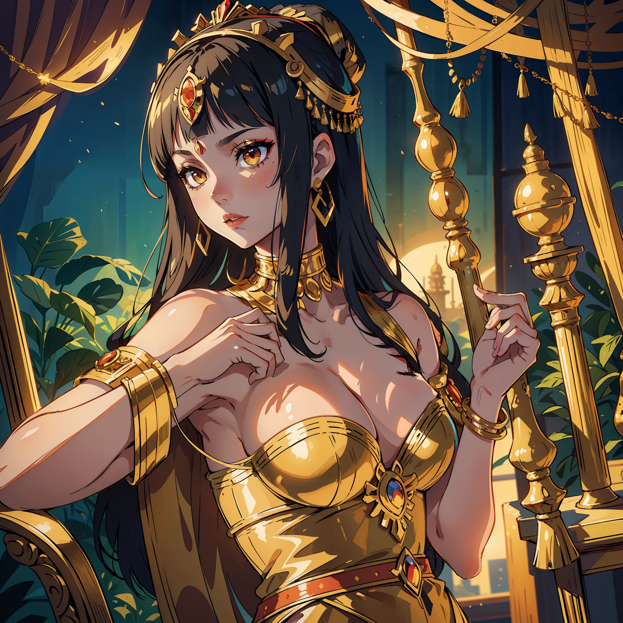 "A majestic portrayal of Cleopatra, exuding power and beauty, adorned in regal attire, with intricate jewelry and a captivating headdress. The setting is a grand palace, with opulent architecture, rich tapestries, and golden accents. The lighting highlights her features, casting a soft glow on her flawless complexion. The composition is balanced, with Cleopatra positioned prominently in the center, commanding attention. The atmosphere is filled with an air of mystery and elegance."