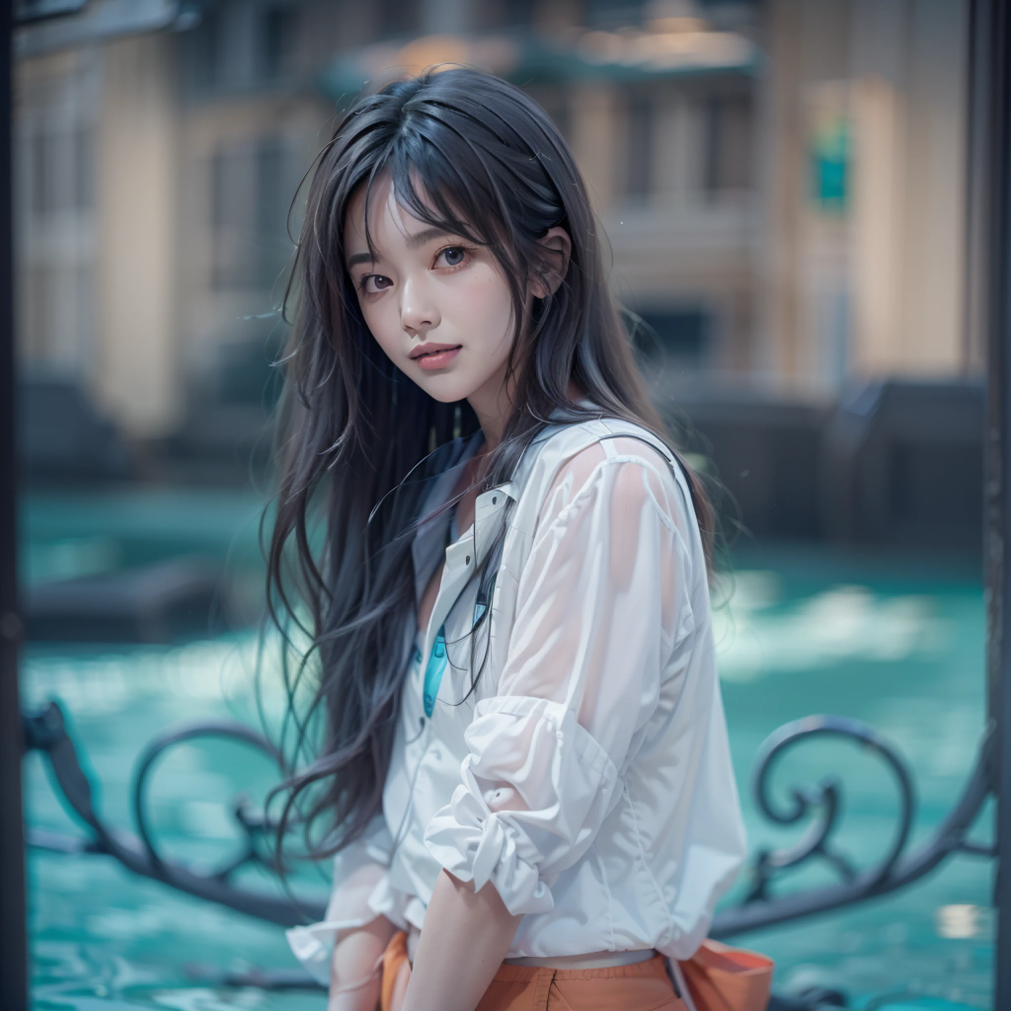 Nikon RAW photos,8K quality,Fujifilm XT3,tmasterpiece,best qualtiy,realisticlying,ultra - detailed,1 girl,独奏,closeup portrait,Gilet blanc,Leakage out of the navel,1.2,Ultra shorts,cabelos preto e longos,Stroke your hair with your hands,ssmile,Blue sky and sea,Slight waves