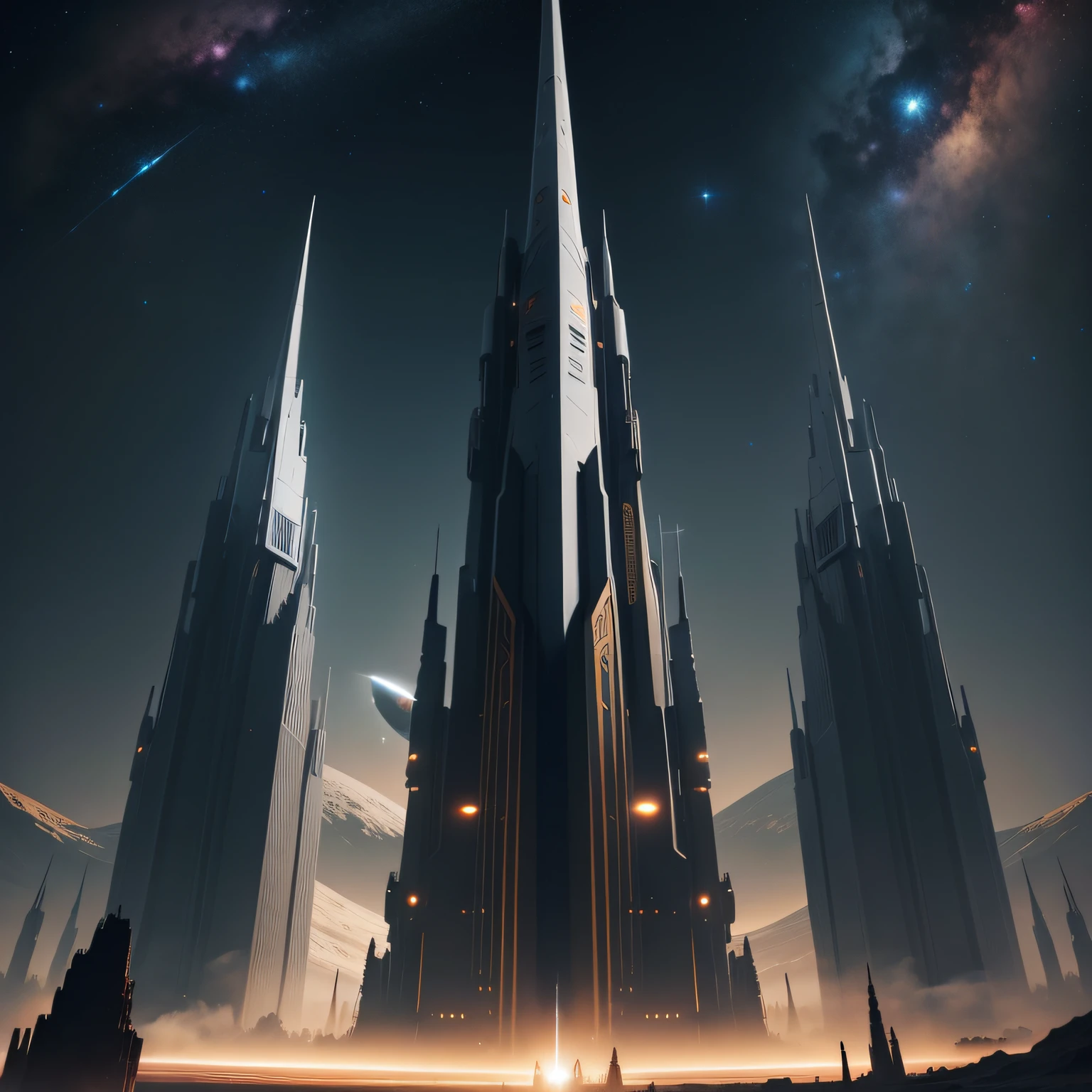 In the universe,Sci-fi style spires,Tech style,The background is the black universe,down view