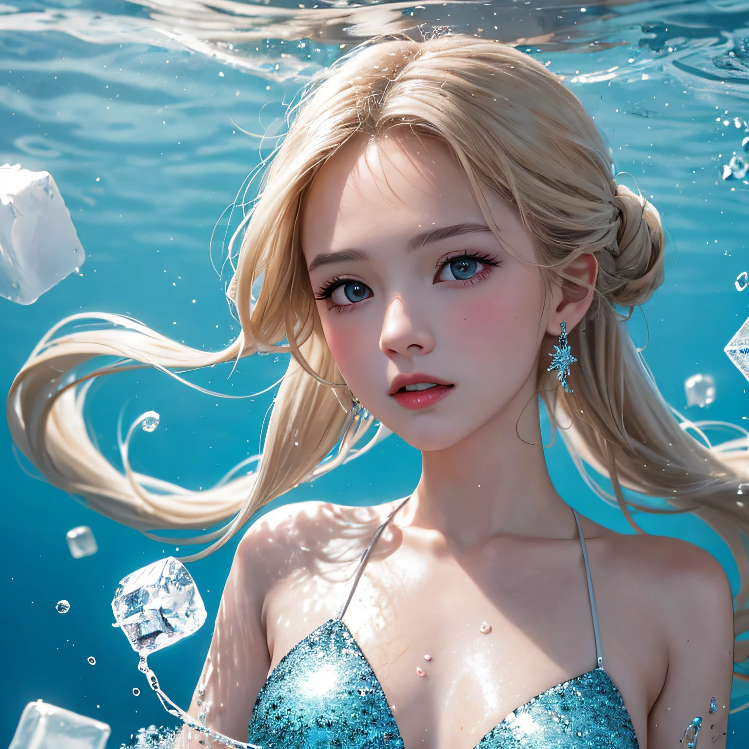 (in 8K, RAW Photos, of the highest quality, Masterpieces: 1.2), (Realistic, Photorealistic: 1.37), Highest Quality, Ultra High Resolution, light leaks, Dynamic lighting, Slim and smooth skin, (Full body:0.8), (Soft Saturation: 1.6), (Fair skin: 1.2), (Glossy skin: 1.1), Oiled skin, 18 years old, In the deep sea、a large amount of foam、Swimming、Sparkling white blonde、entranceway、Ice blocks、Ice Sparkle、Diamond Dust、Frozen