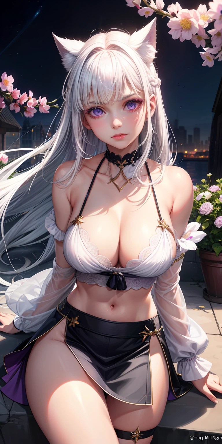 realisticlying,1girl,White hair,Purple eye,mesmerizing eyes,Cut the top,Half milk is exposed,cleavage,a skirt,Raised sexy,parted lip,Be red in the face,the night,fresh flowers,rays of sunshine,