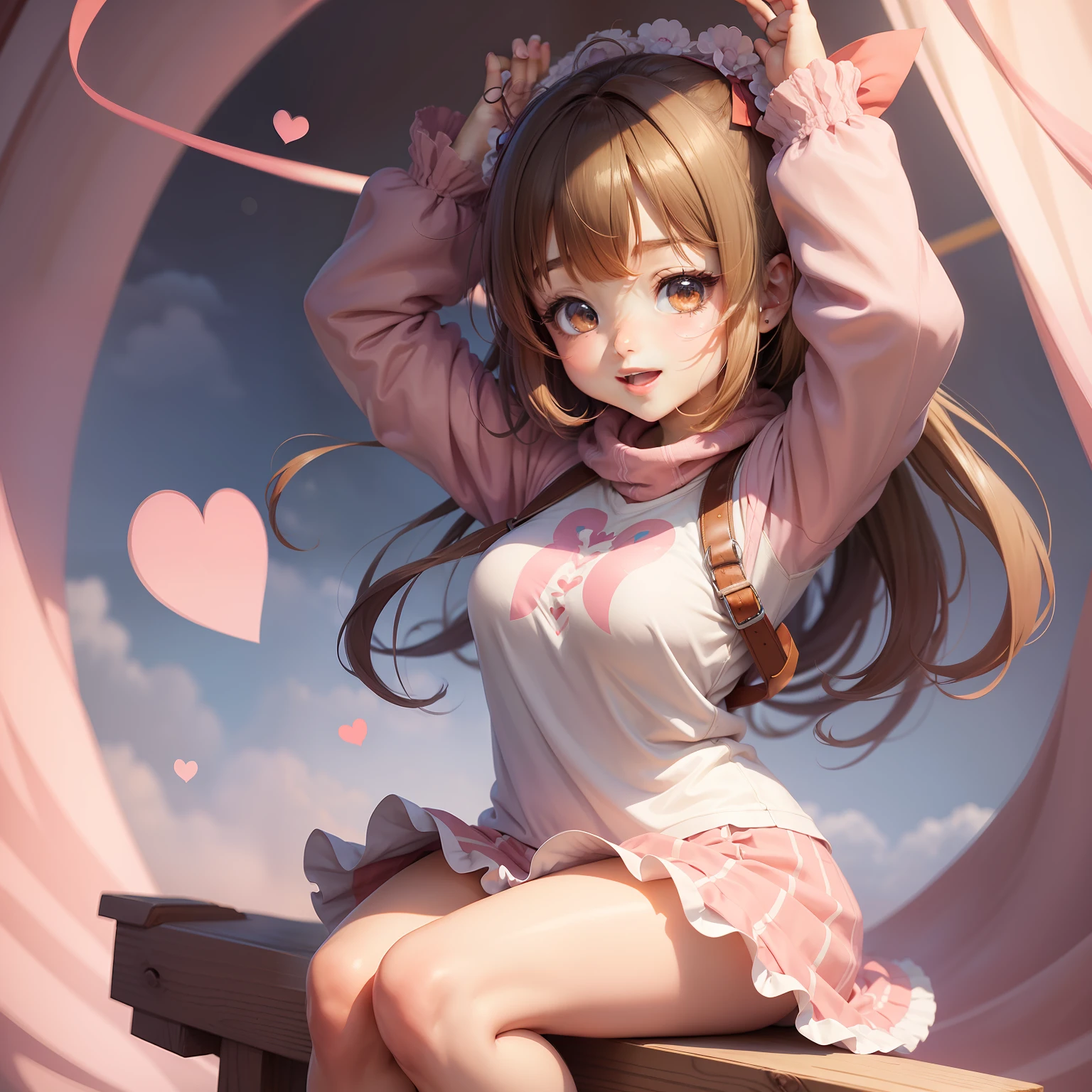 happy cute anime girl , taking a big heart , love love background , sweety , masterpiece, high quality